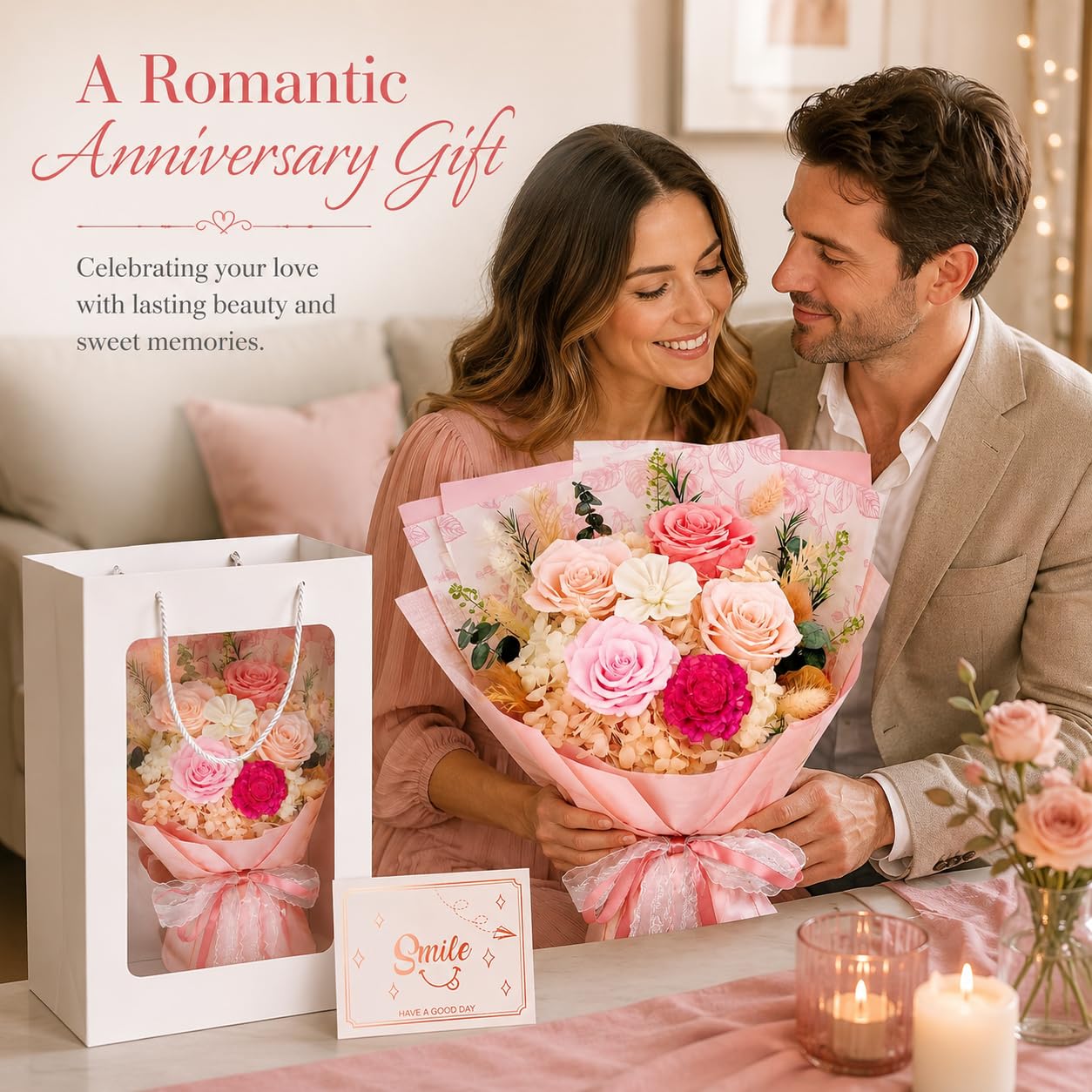 Pink Preserved Flowers Bouquet, Eternal Real Flower for Women Real Roses That Last 3 Years Handmade Floral Arrangement for Mother's Day Birthday Gifts Anniversary Surprise for Mom Women Her