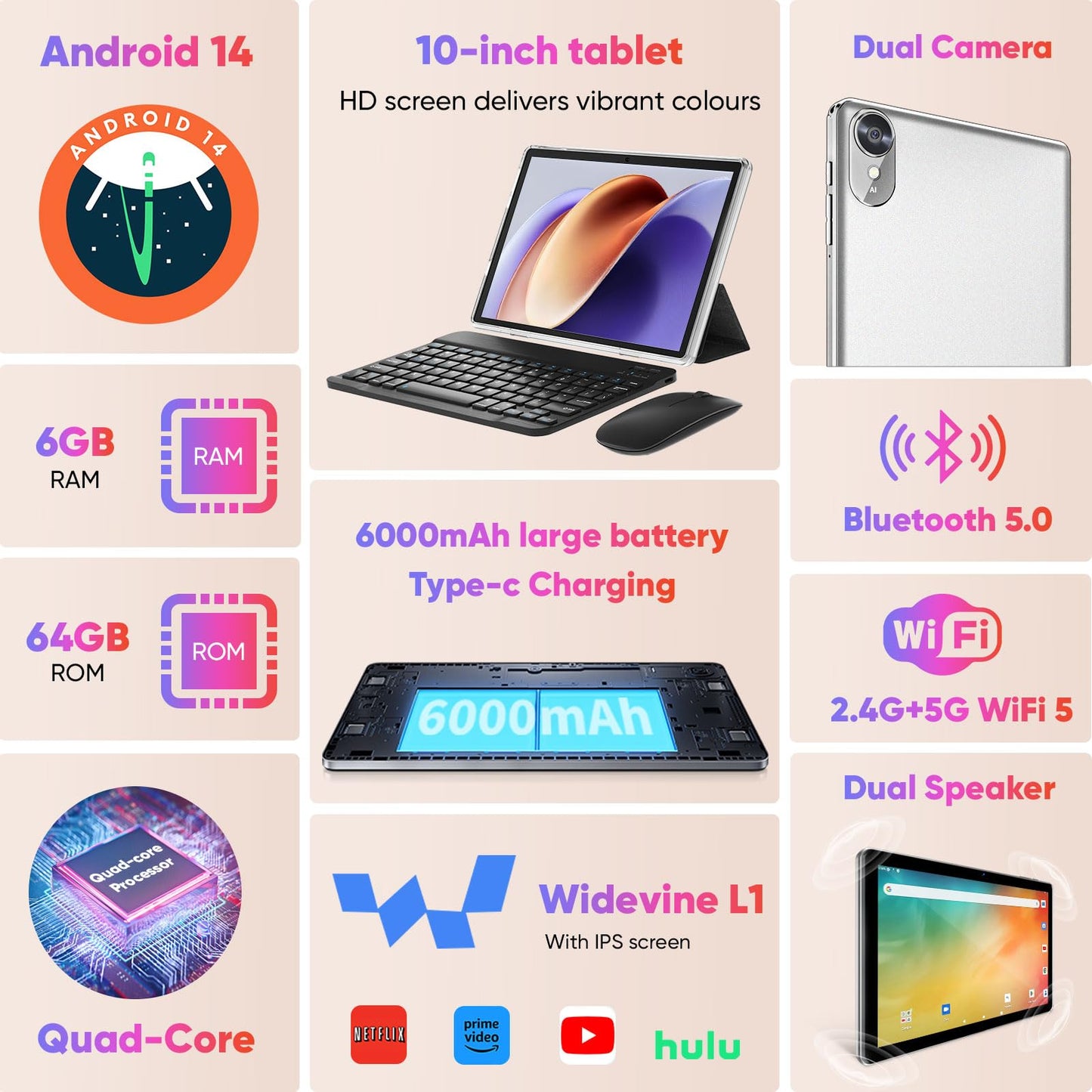 10 inch Android 14 Tablet, 6GB RAM 64GB ROM 1TB Expand, 2 in 1 Tablets with Keyboard, Case, Mouse, Stylus, 1280x800 IPS Touch Screen, WiFi 5, Bluetooth, Dual Camera, Tablet PC