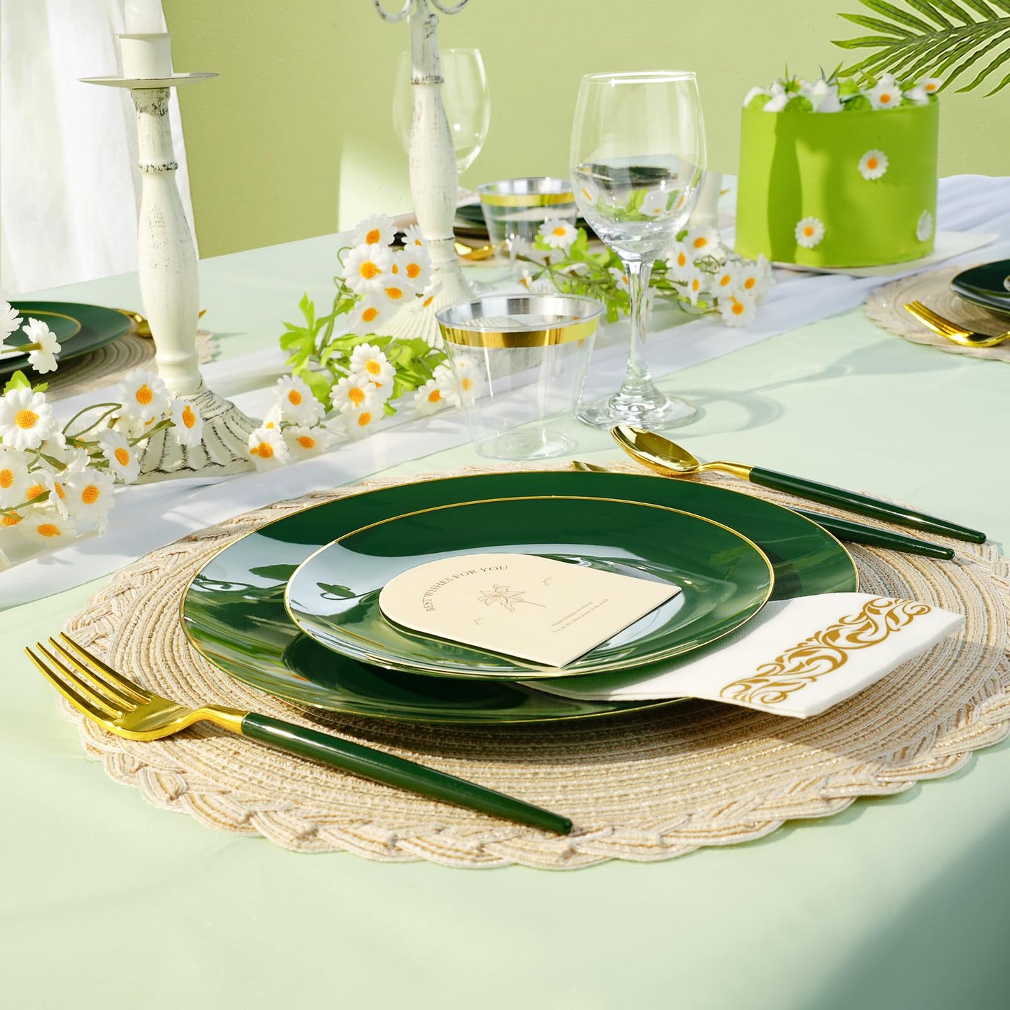 175 Pieces Green Gold Plastic Dinnerware Set, Gold Disposable Plates for Party, Include 50 Green Plates with 75 Plastic Cutlery, 25 Napkins and 25 Cups