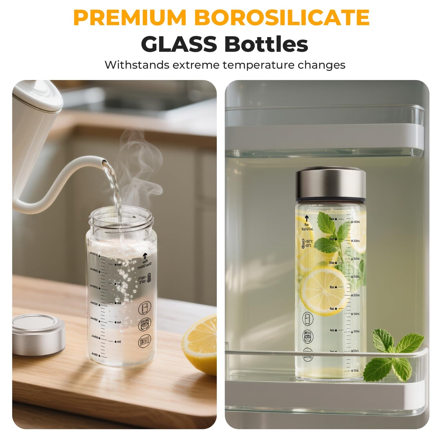 Sursip Glass Juice Bottles 6 Pack 16 oz – Wide Mouth Reusable Bottles with Stainless Steel Lids – Heat-Resistant Borosilicate Glass, BPA Free, Leakproof for Juicing, Smoothies, Milk, Infused Water