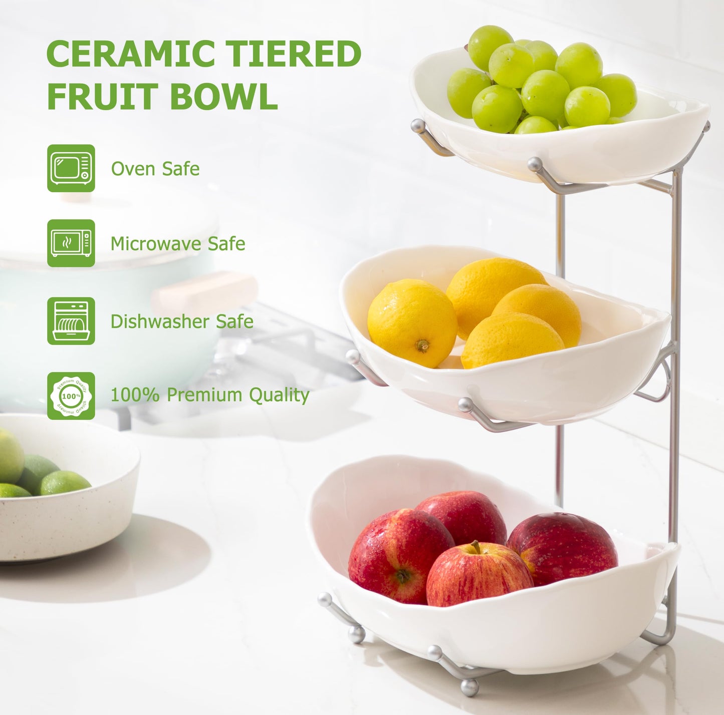 HBlife Fruit Bowl for Kitchen Counter - 3 Tier Ceramic Fruit Bowl with Metal Stand, Tiered Fruit Basket for Kitchen, Snack, Dessert Tray Plate Rack for Party