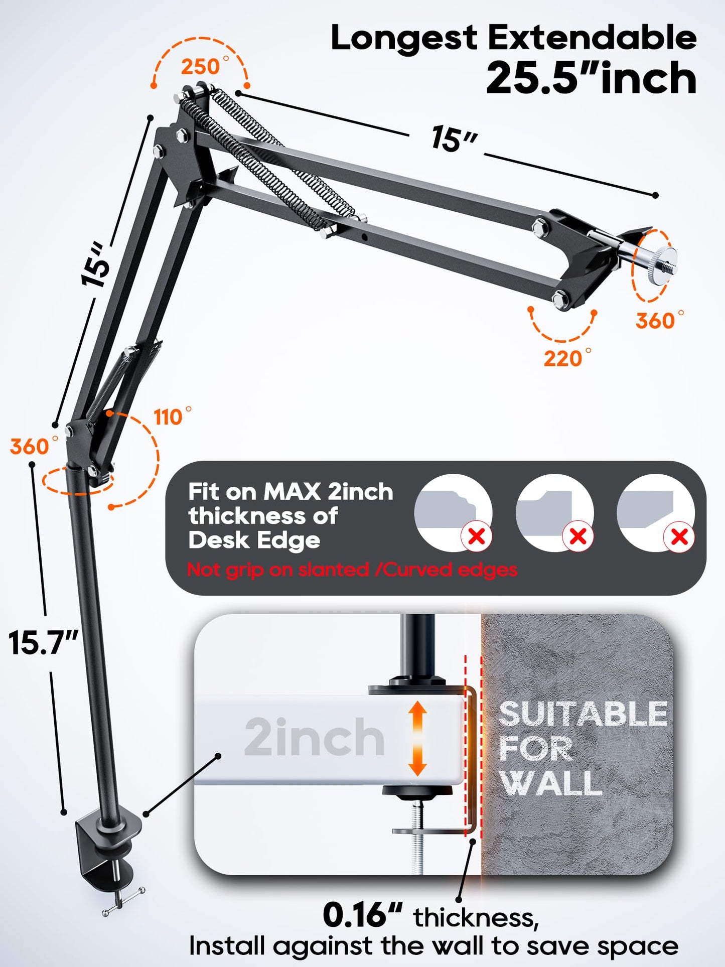 CACENCAN Overhead Camera Mount, 5lb Horizontal Load-Bearing, 360° Adjustable Camera Stand for Desk, Flexible Camera Arm Desk Mount, with Phone Clamp, Tabletop Mount for DSLR Camera/Webcam/Microphone