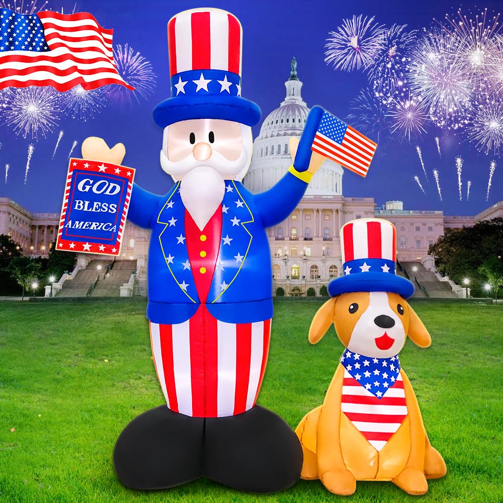 7FT Patriotic Independence Day 4th of July Inflatables Outdoor Decorations, Inflatable Uncle Sam with Dog, Built in LED Lights Blow up Fourth of July Decor for Holiday Party Garden Yard Lawn