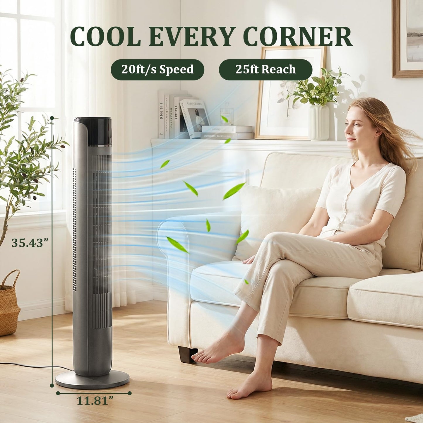 Tower Fan for Bedroom, Bladeless Cooling Fan with Remote, 60° Oscillating Standing Fan with 28dB Quiet for Sleep, 12H Timer, 5 Speeds 4 Modes, LED Display, 20ft/s Velocity Floor Fan for Indoor Use