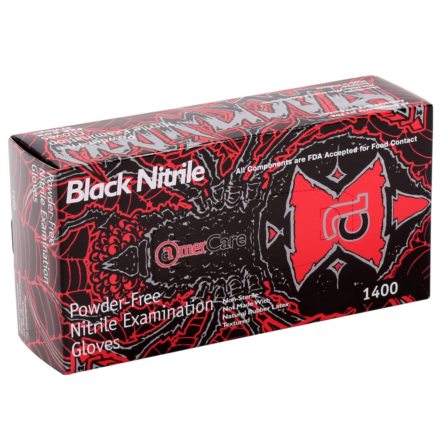 AmerCareRoyal Black Widow Nitrile Latex Free Disposable Gloves - Powder-Free, Exam Grade Gloves with Textured Grip - Large, Black, Case of 1000