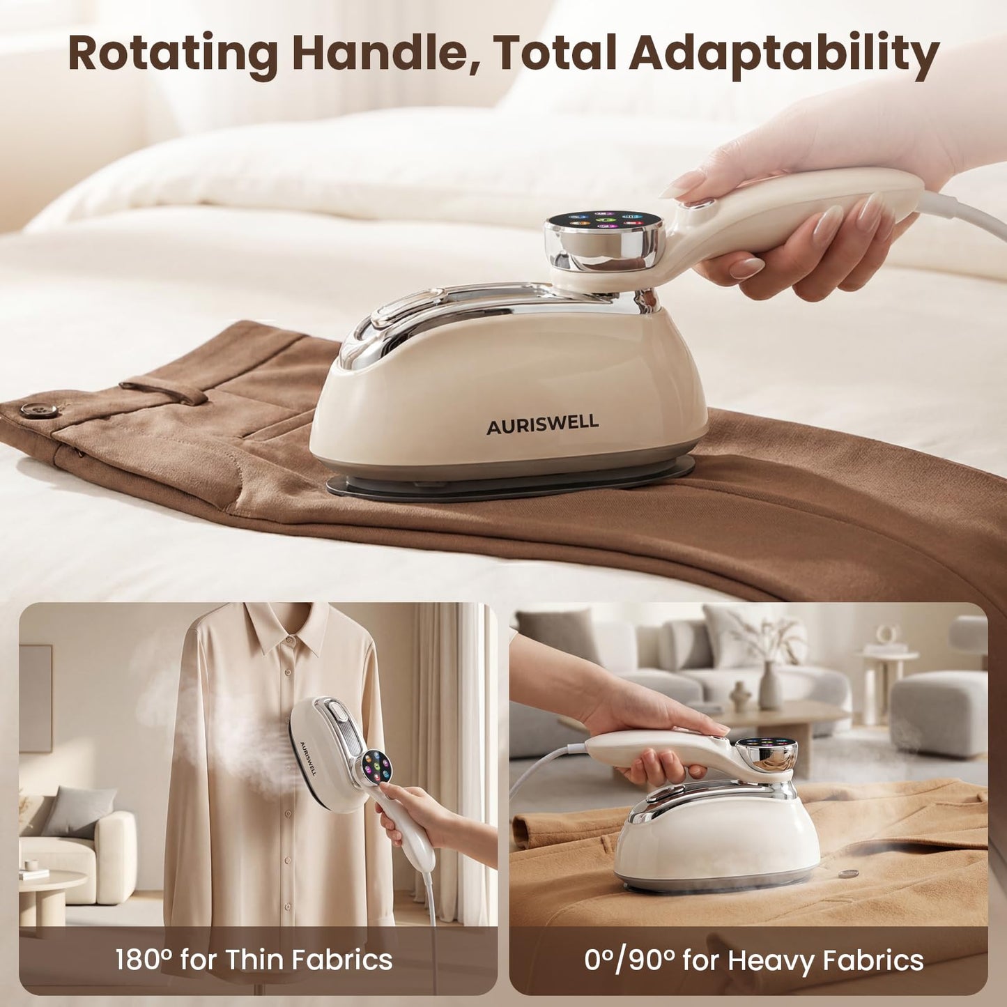 AURISWELL Handheld Steamer for Clothes, 1200W Portable 2-in-1 Garment Steamer & Travel Iron with 7 Modes, 180° Rotatable Handle, Fast 8s Heat-Up, Visual Panel & Self-Clean, 160ml for Home