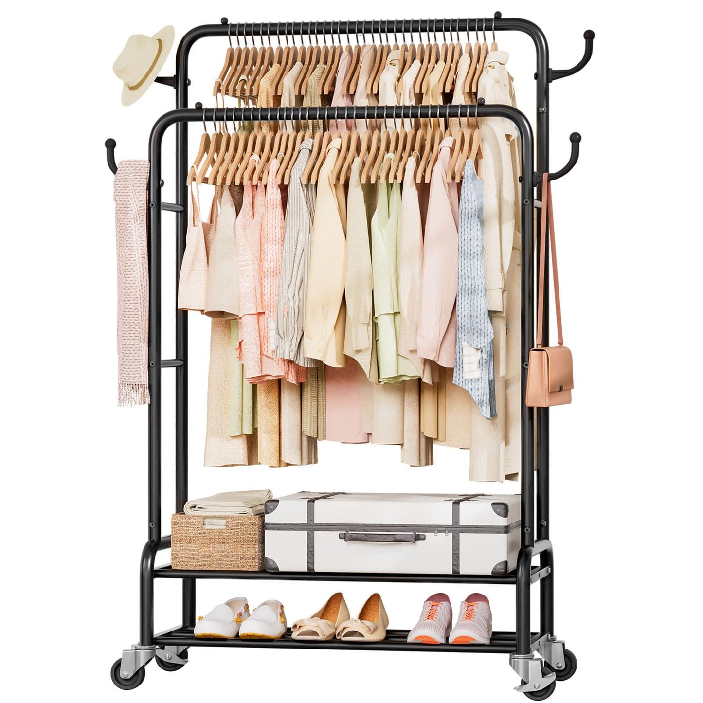 Homde Heavy Duty Clothes Rack: 265lb Rolling Double Rod Garment Hanging - Metal Coat Organizer Storage Display Shelf on Wheels for Bedroom Laundry