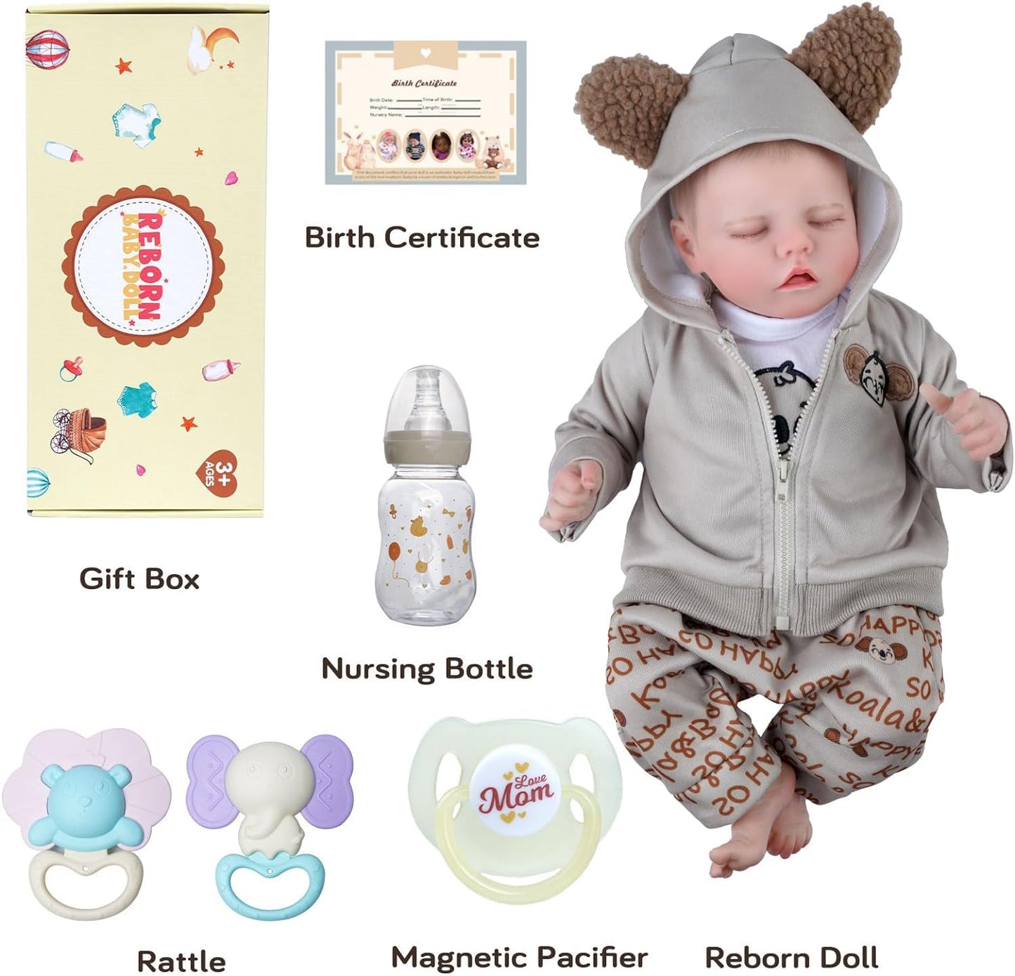 JIZHI Realistic Reborn Baby Dolls Girl, 17 Inch Lifelike Newborn Real Life Baby Girl Dolls Soft Vinyl and Cloth Body with Feeding Kit Gift Box for Kids Age 3+