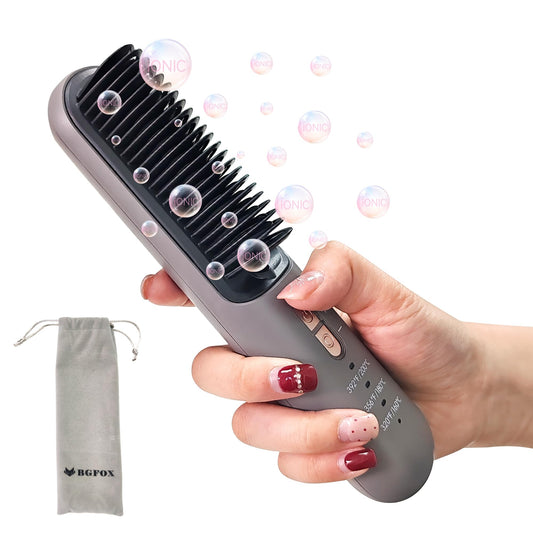 BGFOX Cordless Hair Straightener Brush [10 Mins Shiny Look Anytime Anywhere], USB Rechargeable Portable Ionic Hair Straightener Comb Straightening Brush for Women Travel with 3 Temps 30s Fast Heating