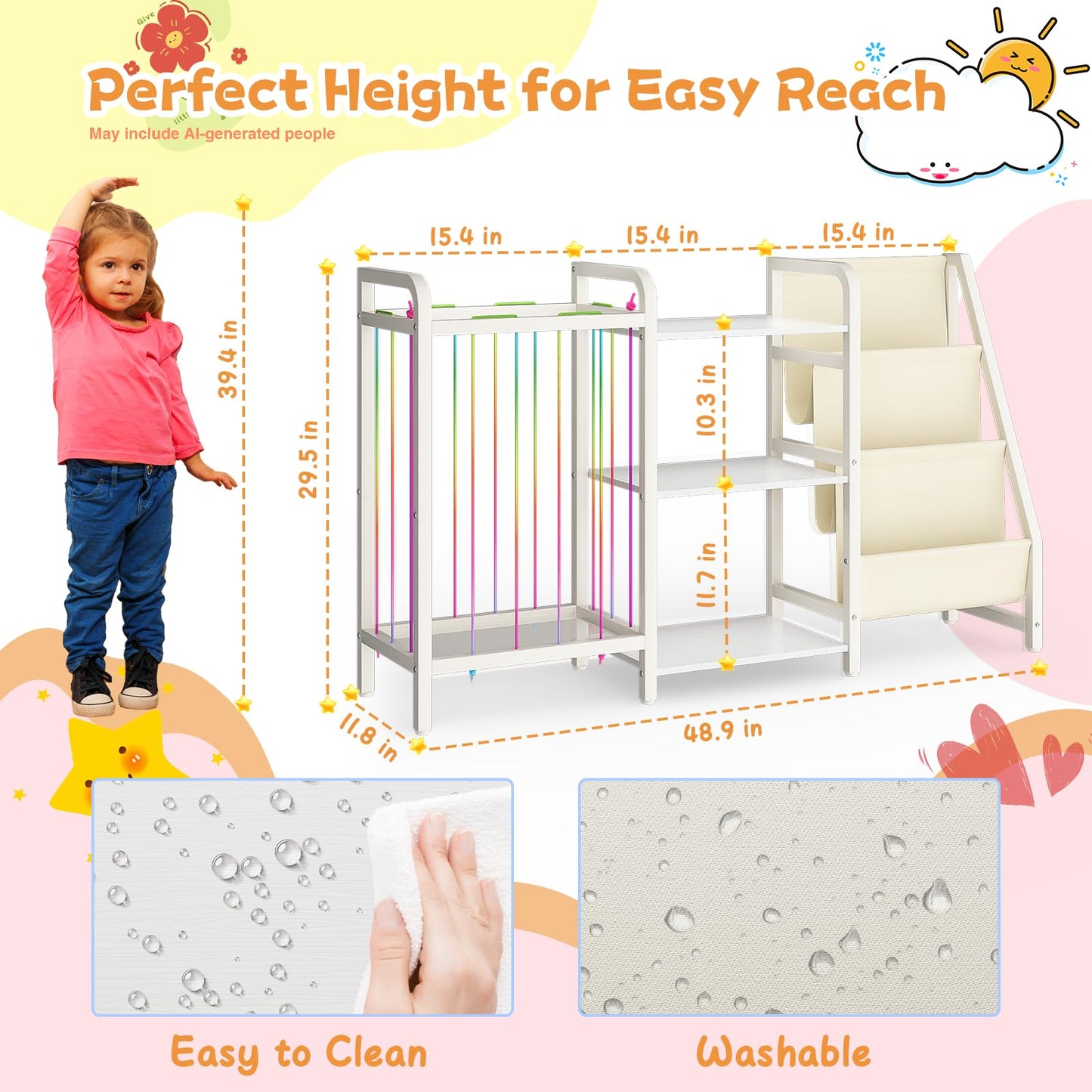 CYXPHION B1 Kids Bookshelf and Toy Storage, 3-Tier Book Shelf for Kids Rooms, Sling Baby Bookcase with Stuffed Animal Storage, Montessori Toddler Bookshelf for Nursery, Bedroom, Playroom, White