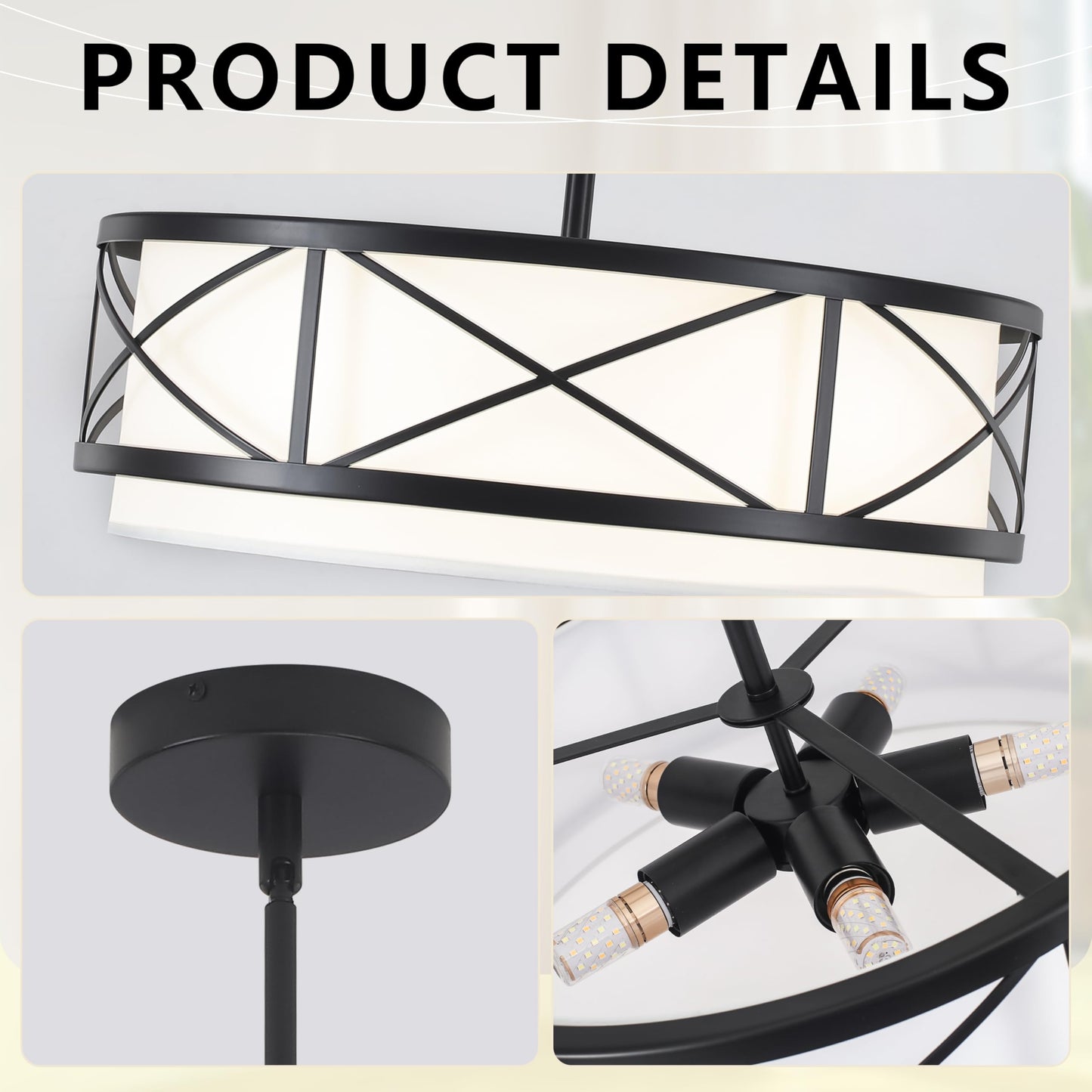 19.7'' Black Drum Chandelier, 5-Light Modern Drum Farmhouse Chandeliers for Dining Room Light Fixture Hanging Pendant Light with White Fabric Shade for Kitchen Living Room Foyer Entryway Bedroom