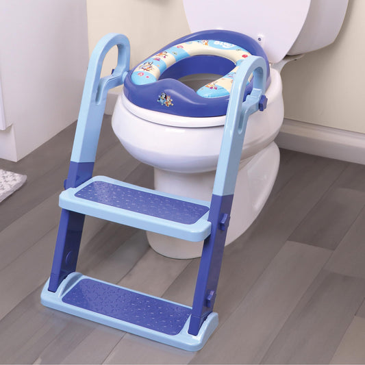 Bluey Step & Sit Potty Trainer; Secure Ladder for Kid-Safe Climbs to Potty; Fun Bluey Images on Cushioned Potty Seat; Adjustable Ladder Height; Removable Seat for Cleaning; Folds for Storage