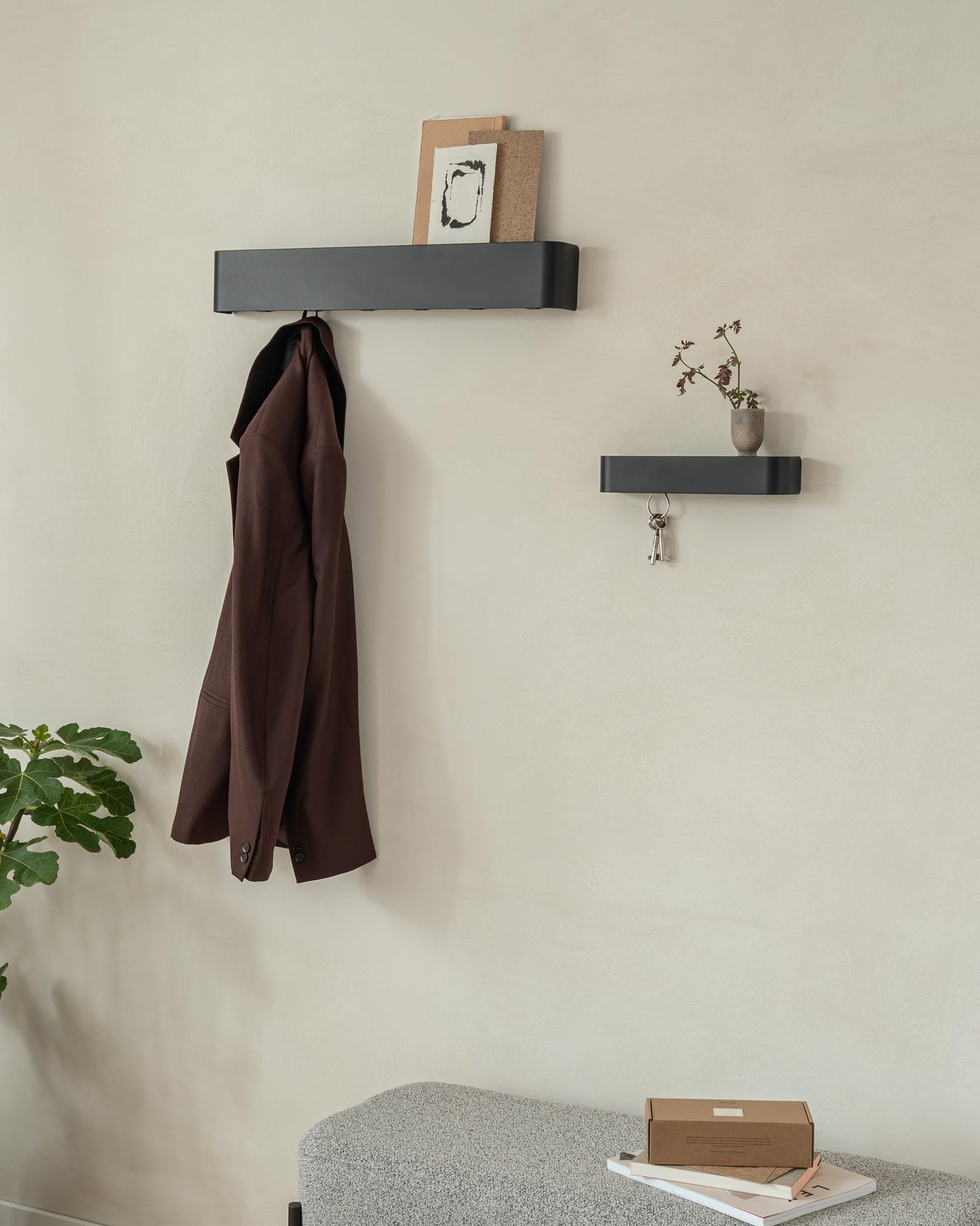 Kazai. Coat Rack Wall Mount with Shelf 'Tone' | Modern Design Coat Hanger with Hidden Hooks and Storage | Hat Rack with Shelf in Metal | Wall-Mounted Purse Organizer | Black