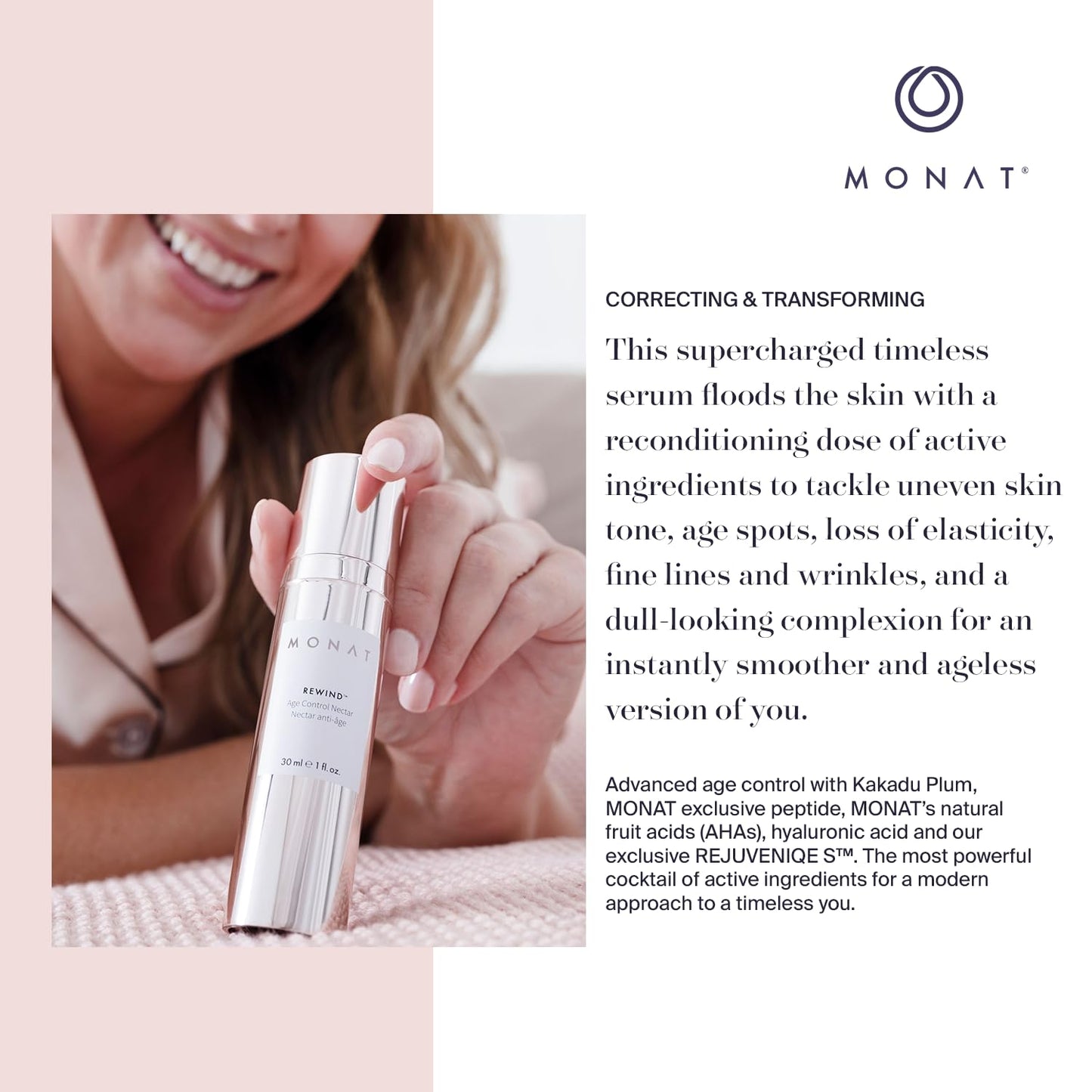 MONAT Rewind Age Control Nectar - Fast Absorbing Hydrating Serum. Skin Perfecting Natural AHA. Correcting & Transforming Face Serum, Anti Aging Face Cream w/Hyaluronic Acid - Net Wt 30 ml / 1 fl. oz.