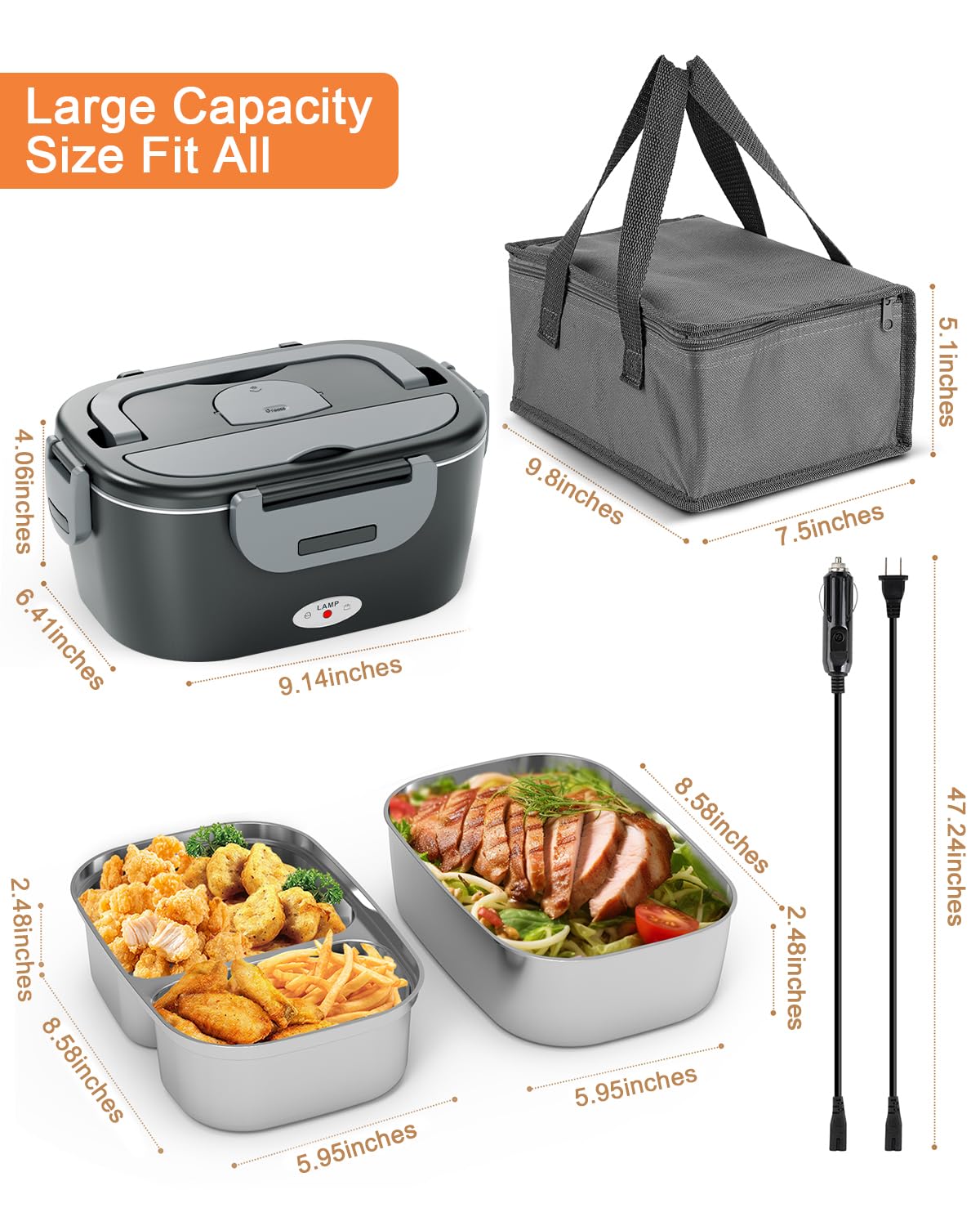 Geveniss Electric Lunch Box for Men, Women & Adults - 80W Fast Heating - Heated Lunch Box with Dual 1.5L SS Containers - Portable Food Warmer for Car, Truck, Office