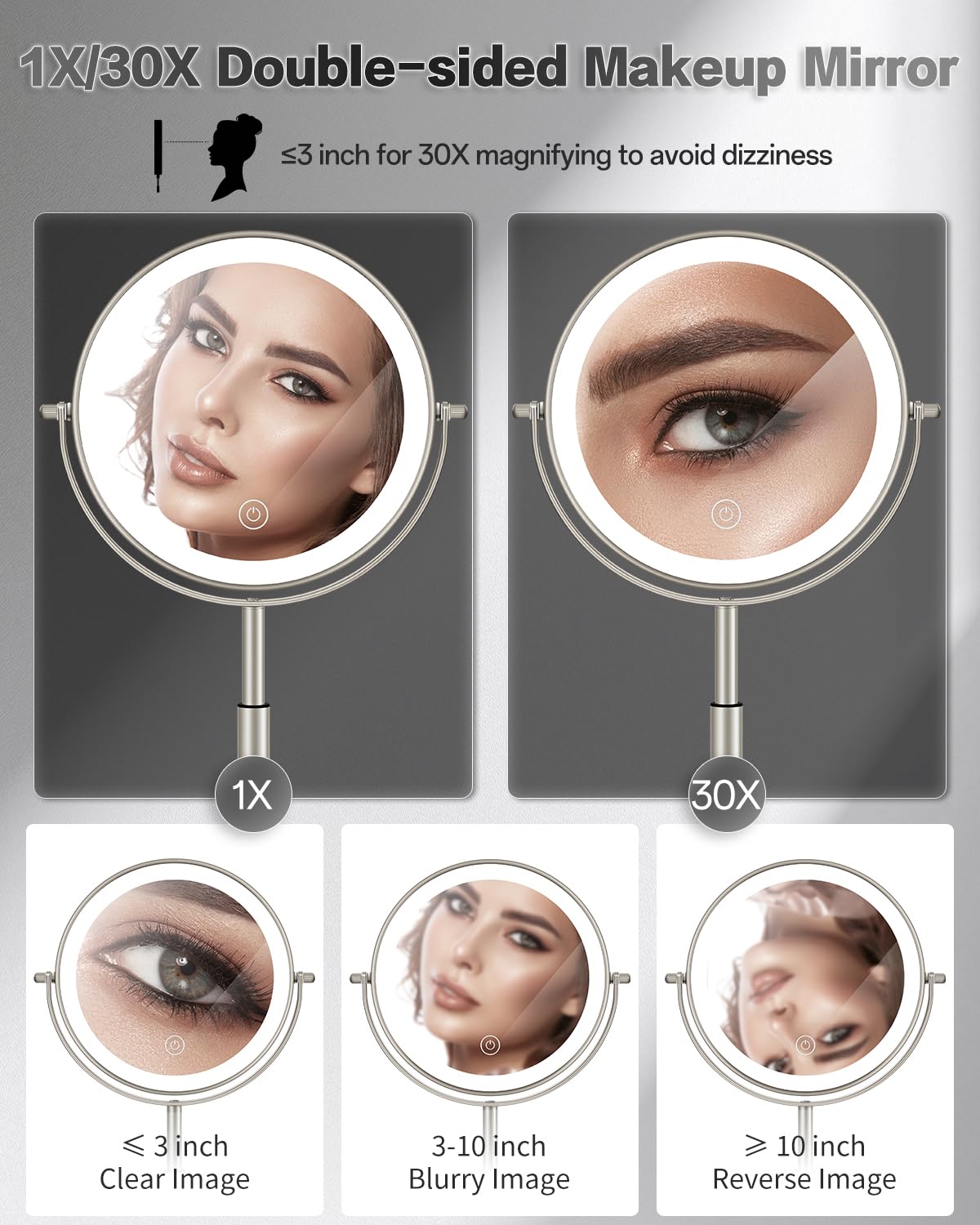 VFD 30X/1X Makeup Mirror with Lights, Height Adjustable Lighted Magnifying Vanity Mirror with 3 Lighting and Adjustable Brightness, 3000mAh Rechargeable Double Sided Switch for Desk Women Gift