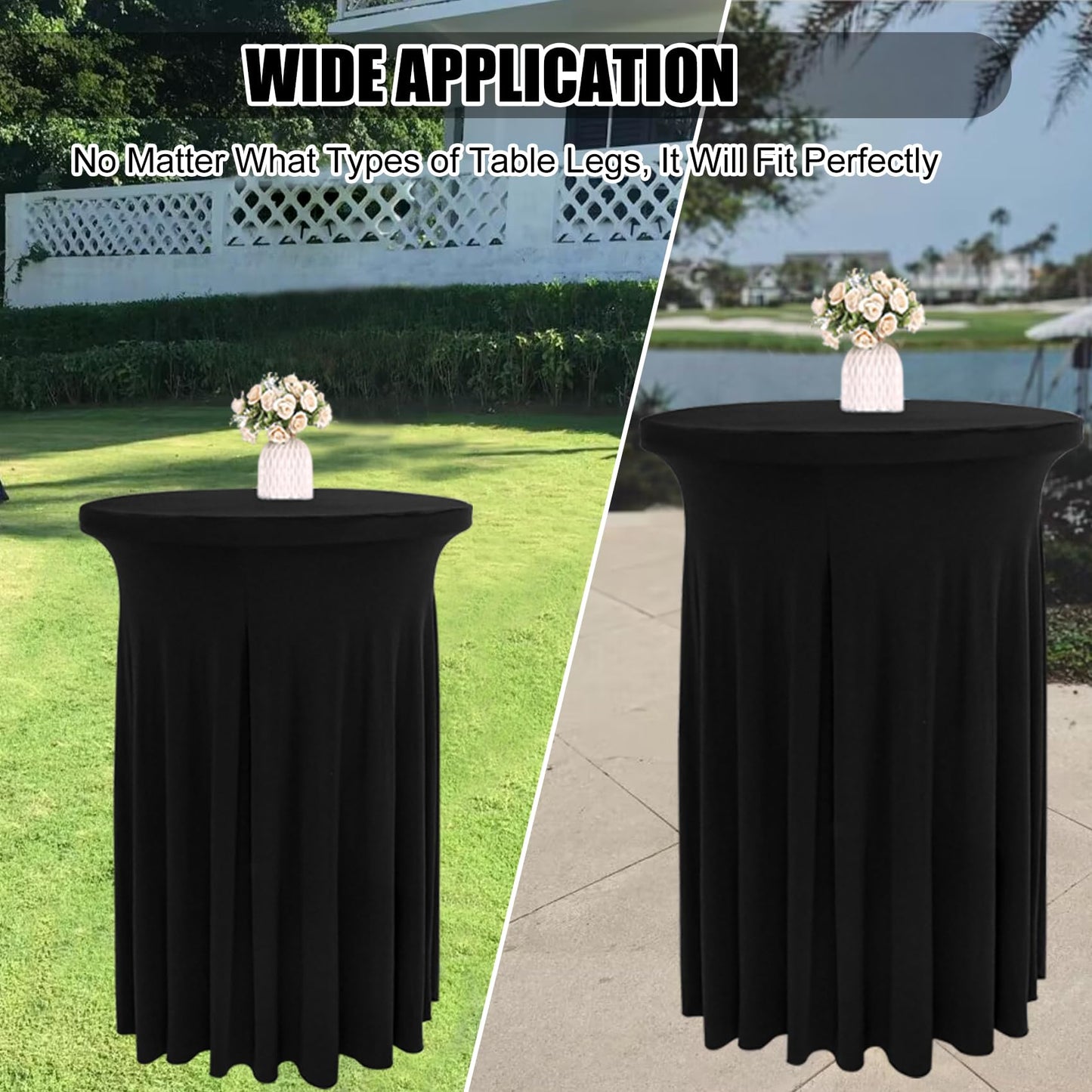 JALANCY 4 Packs 32 x 43 Inch Spandex Round Cocktail Table Skirts with Wavy Drapes Stretch Cocktail Tablecloth Fitted High Top Tables for Wedding Bar Party Banquet (Black)