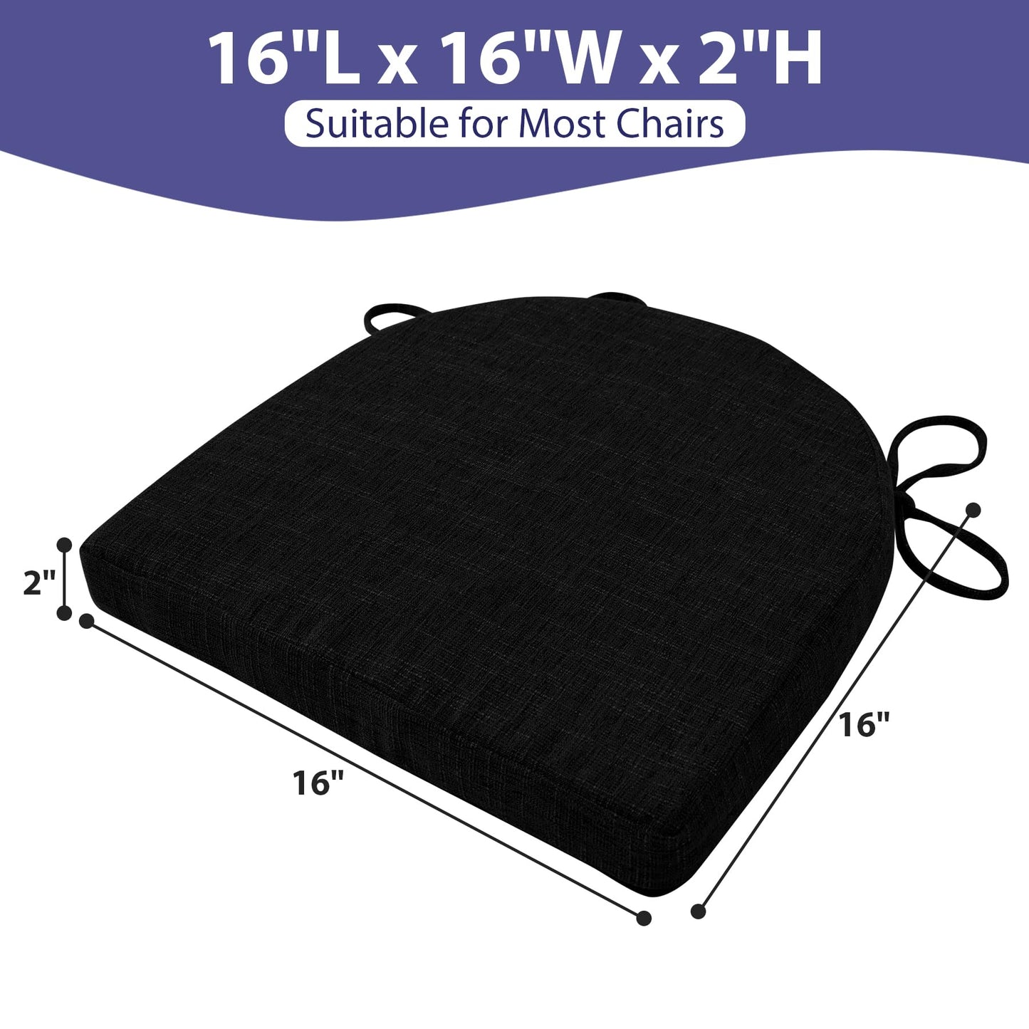 IPYNBAP Chair Cushions for Dining Chairs with Ties and Removable Cover, Dining Kitchen Chair Pads with Non-Slip Bottom, High Density Foam Indoor Seat Cushions, 16'' x 16'' x 2'', Set of 4, Black