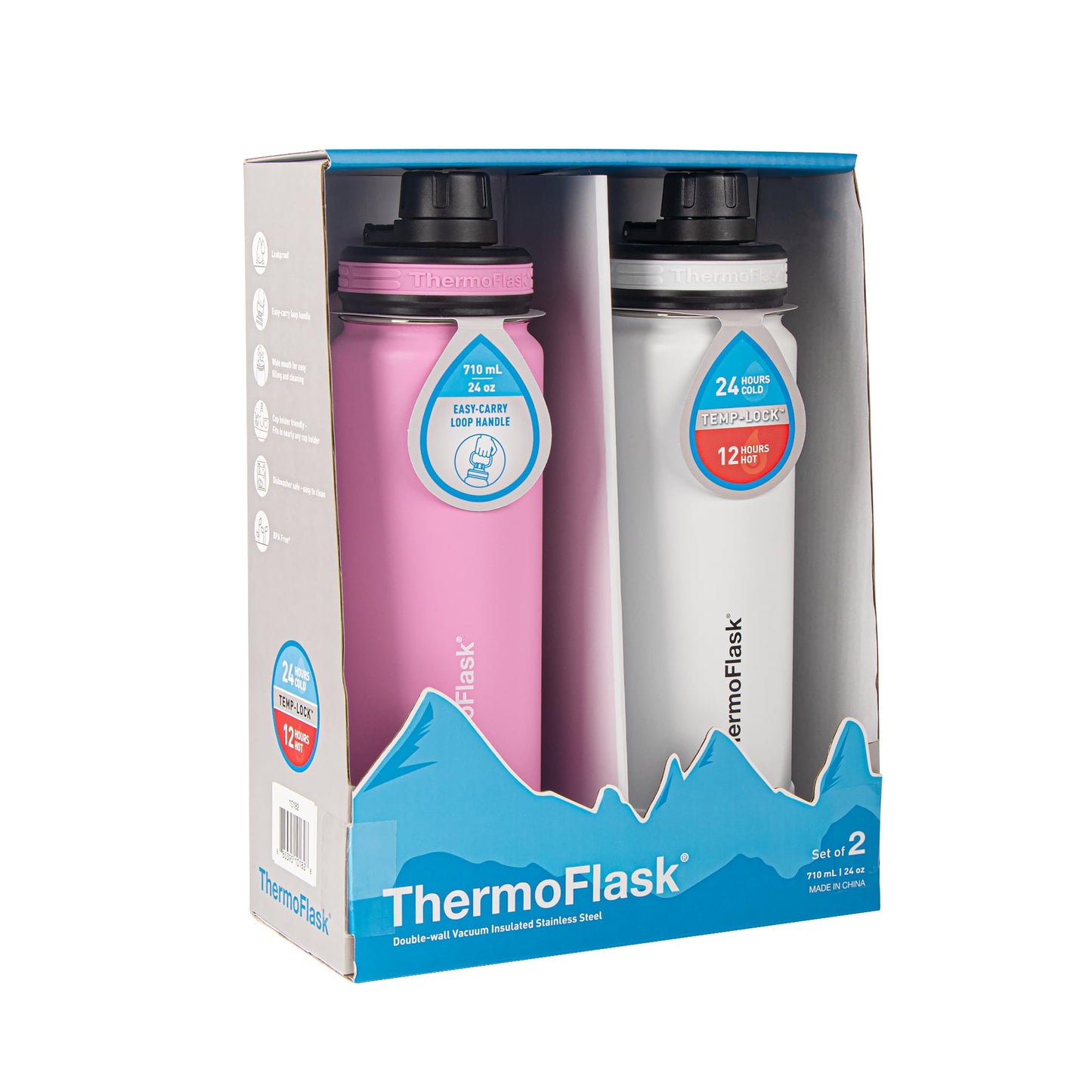 ThermoFlask Stainless Steel Water Bottles 2-Pack - Double-Wall Vacuum Insulated 24 oz BPA-Free Spout Lids - Keeps Drinks Cold 24 Hrs, Hot 12 Hrs - Leakproof, Dishwasher Safe, Strawberry/Arctic White