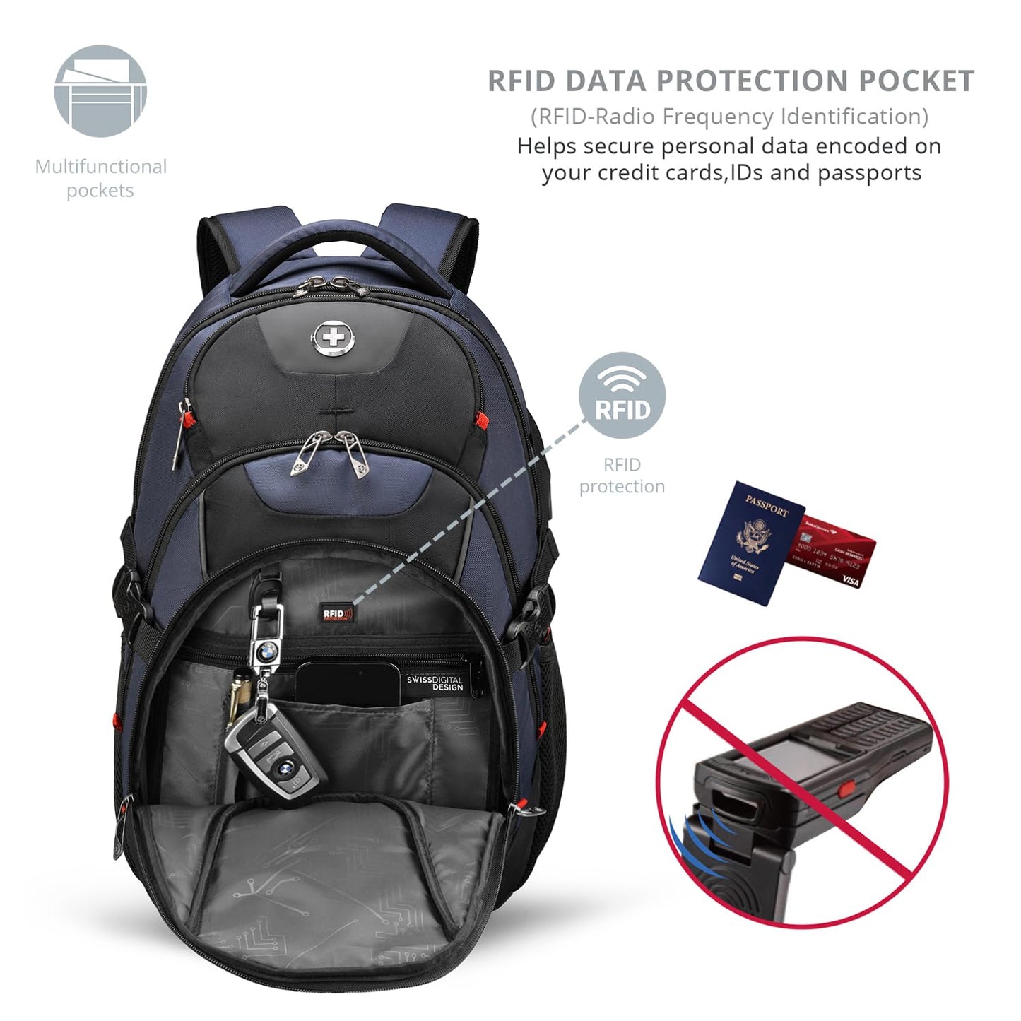 Swissdigital Design Large Business Laptop Backpack with Smart USB Charging Port, Travel Backpack Fits 15.6 inches laptops, Water Repellent College Backpack for Men Women (VECTOR SD803-12 Blue/Black)