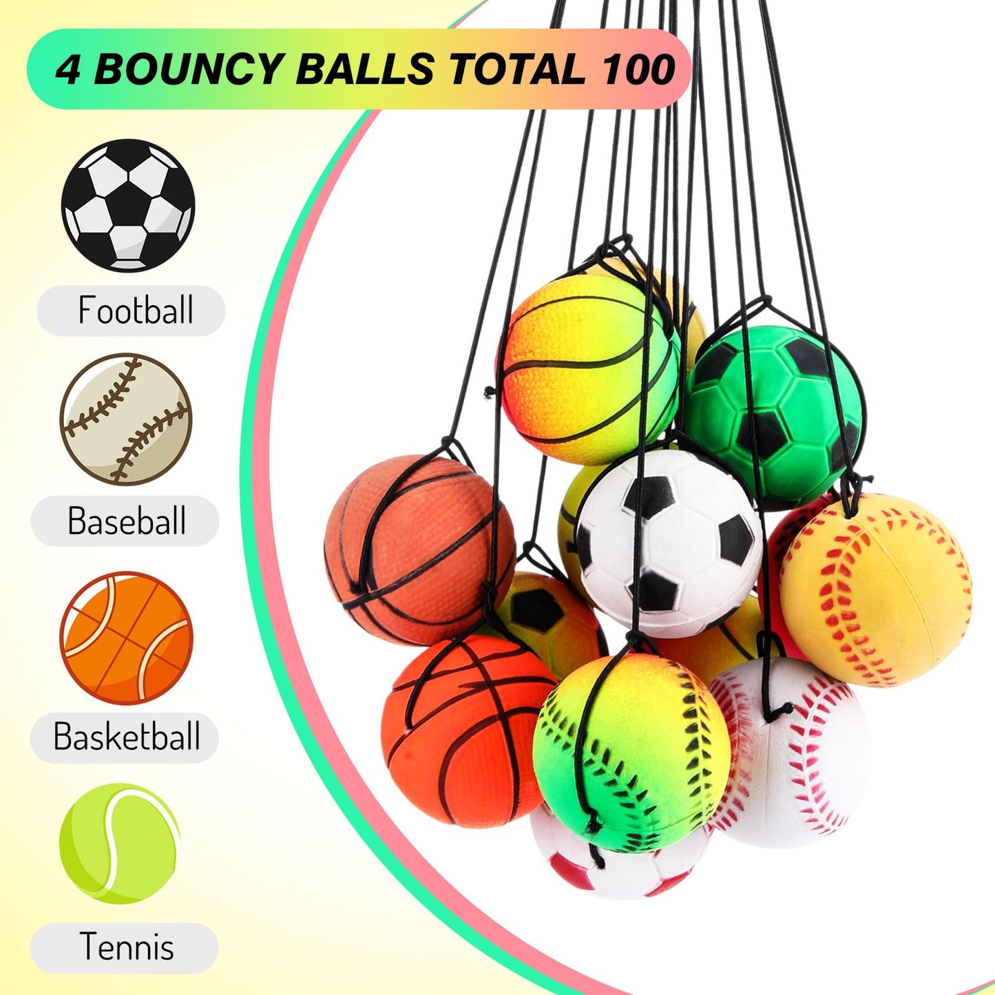 Skylety 100 Pieces Wrist Return Ball Rubber Sport Ball with Strap and String Rebound Bouncy Balls Toy on Elastic String Toy for Teens Adults Wrist Exercise Play