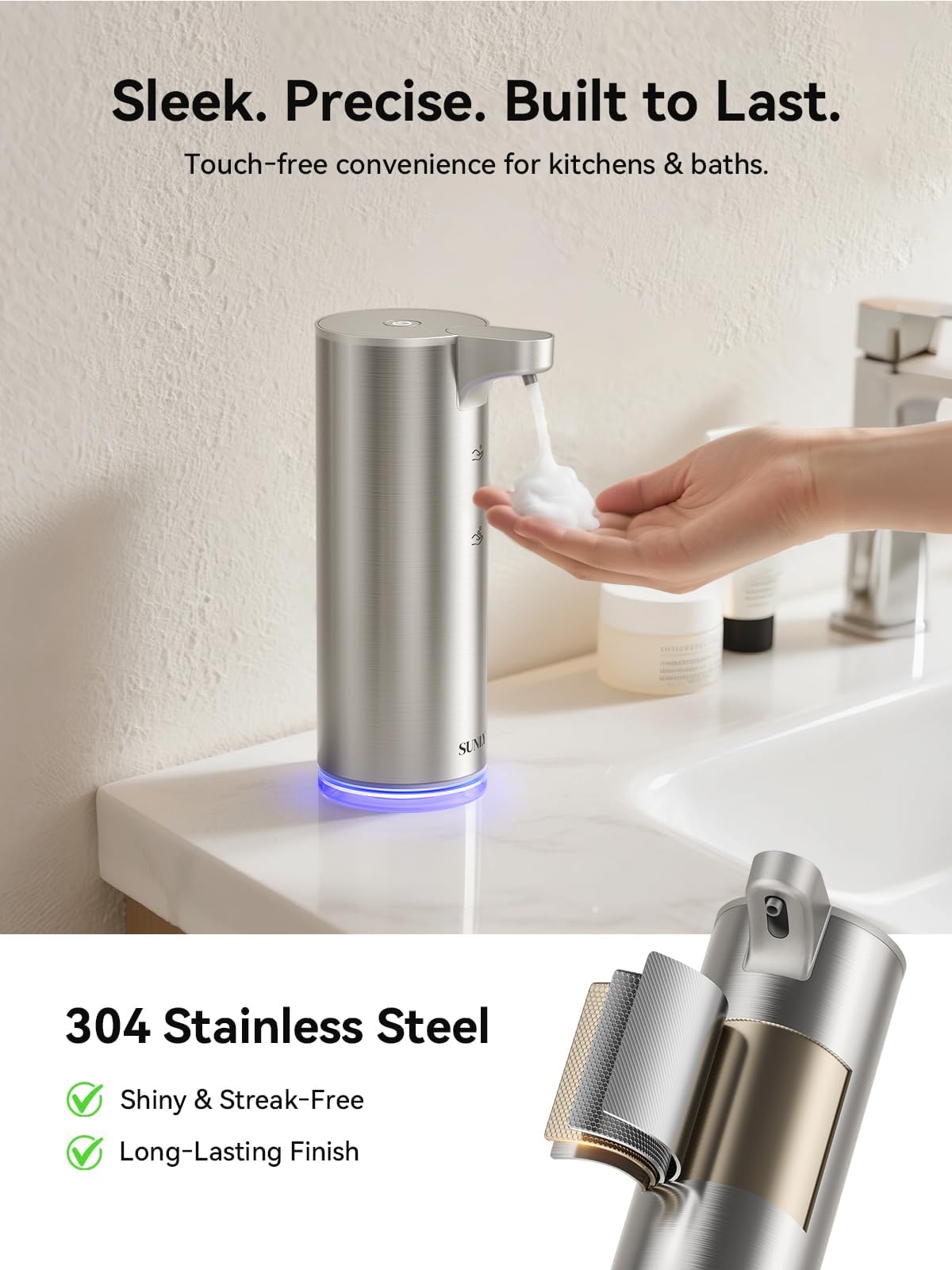 SUNLY Automatic Foaming Soap Dispenser Touchless, 0.2s Fast Sensor, USB-C Rechargeable, Smudge-Resistant Stainless Steel, Hand Soap Dispenser for Bathroom, Kitchen, Hotel, Silver