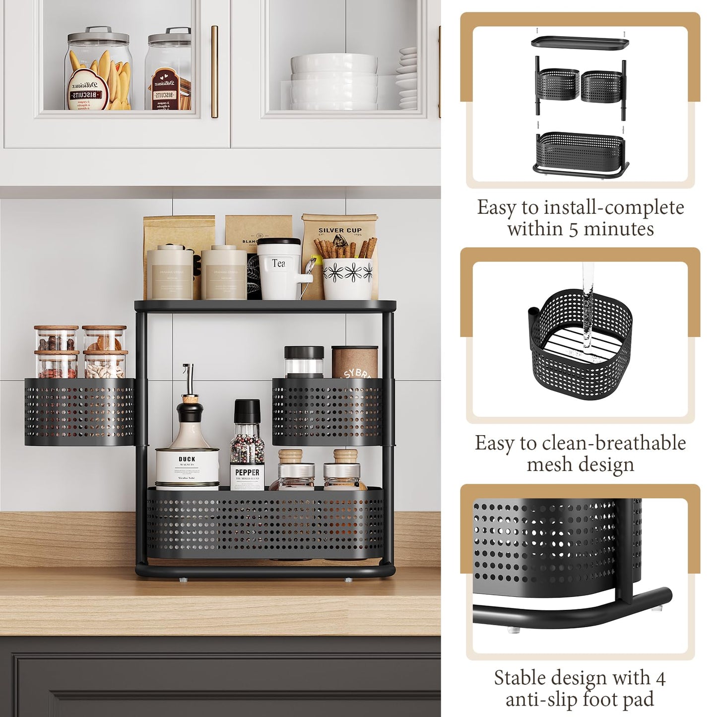KINGRACK Bathroom Counter Organizer, 3 Tier Rotating Vanity Bedroom Storage cabinet, Cosmetic Holder Standing Shelf, Bathroom Tray for Countertop Storage, Kitchen Spice Rack, Black