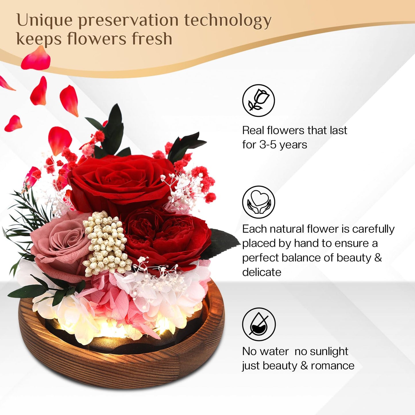 Eyesofspring Preserved Flowers,Rose in Glass Dome with LED Light,Mother's Day Present, Gifts for Girls, Women, Mom,Grandma,Girlfriend, Wife- Style1