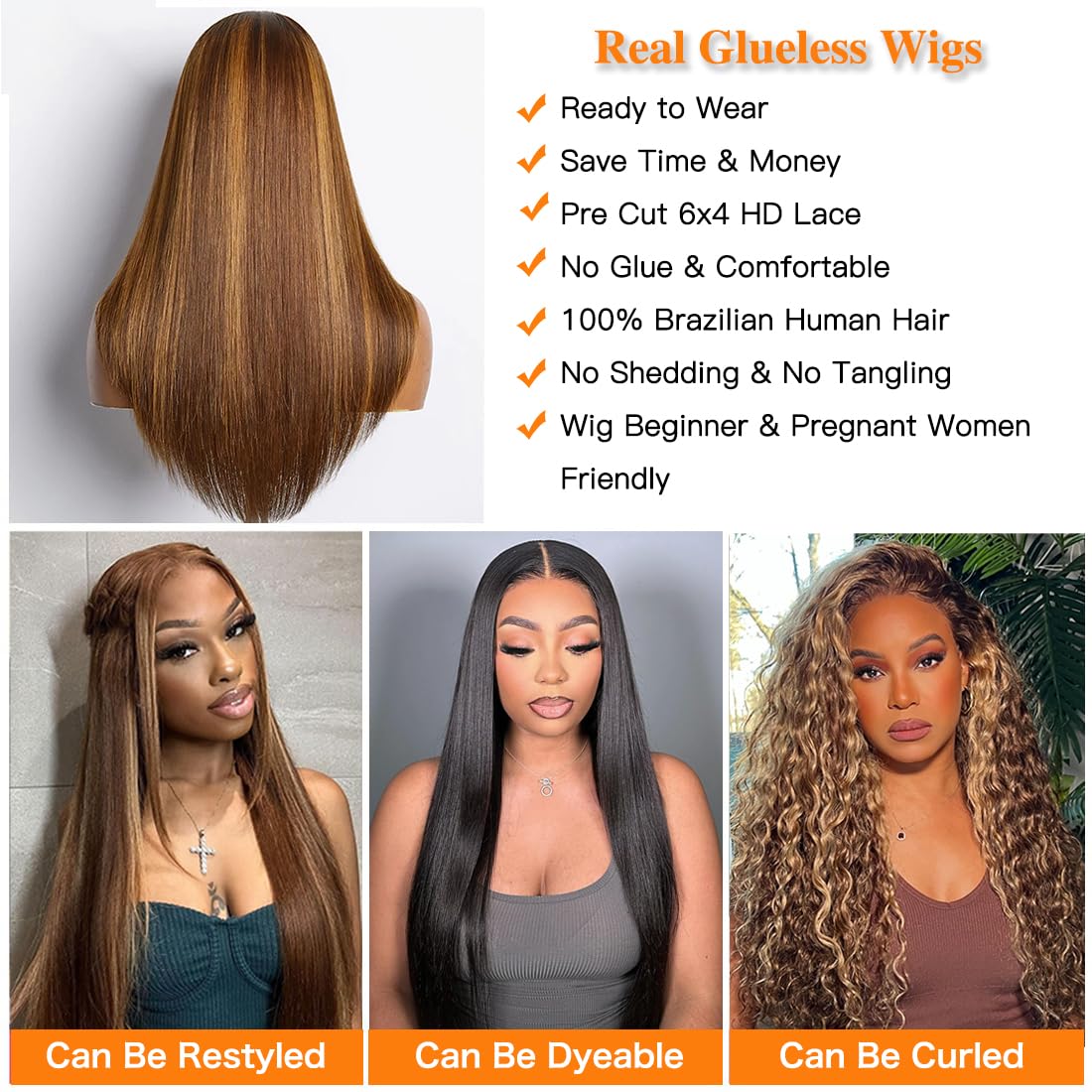 Straight Highlight Wig Wear and Go Glueless Wig Human Hair Pre Plucked Pre Cut 6x4 HD Lace No Glue 4/27 Ombre Highlight Lace Closure Wig 180 Density Colored Human Hair Wig for Beginners Wig 22 Inch