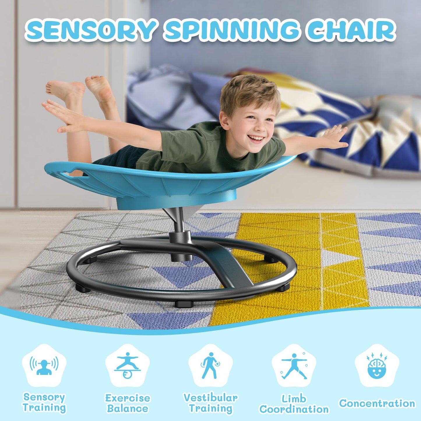 pozoera Spinning Chair for Autistic Kids - Sensory Spinning Chair with Safety Handle & Non-Slip Design Sensory Toys for Kids with Autism(Blue)