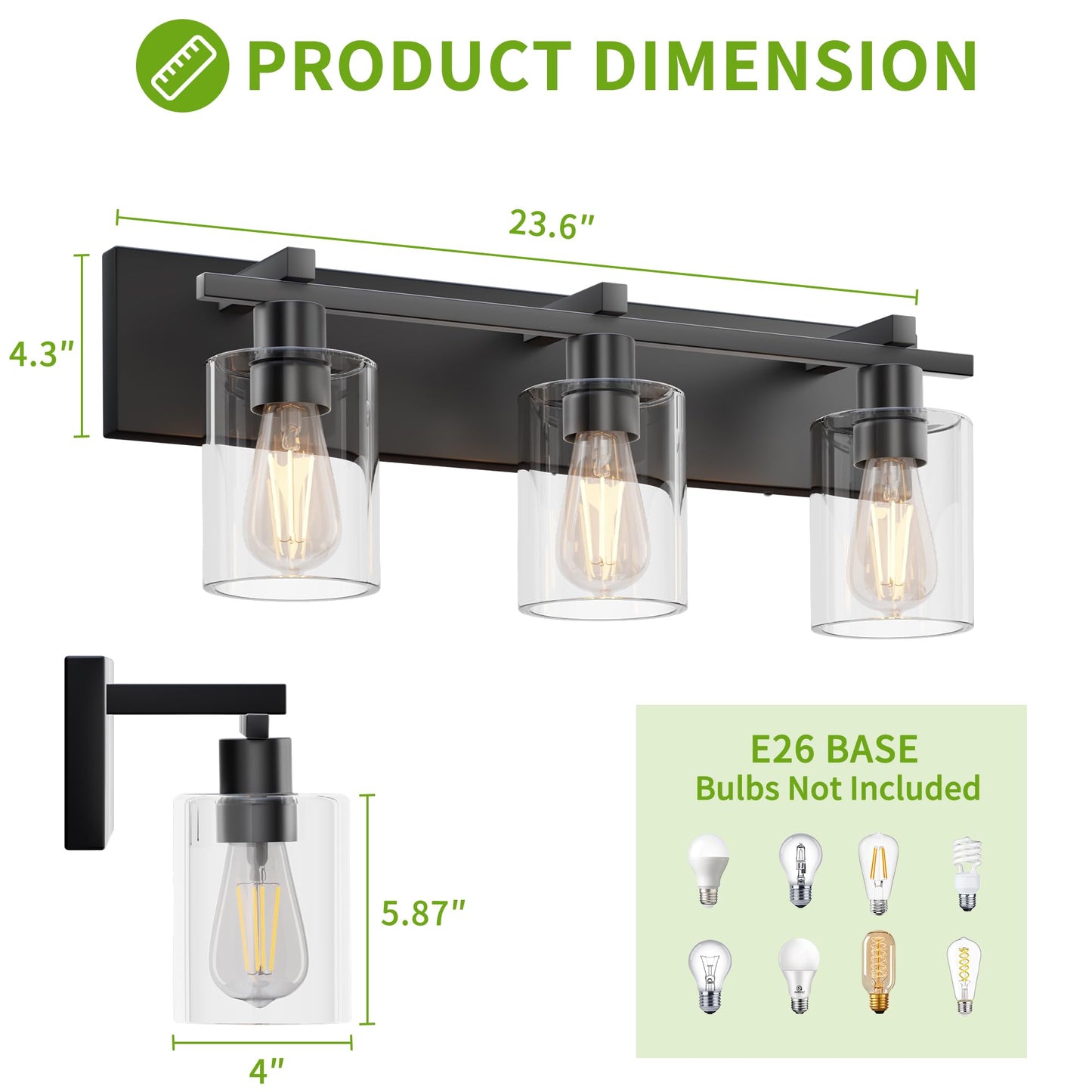 Espird Bathroom Vanity Light,3 Light Matte Black Light Fixture with Thickened Clear Glass Shade, 21 inch Dimmable Modern Wall Sconce, Bathrooms Vanity Light Over Mirror for Bathroom