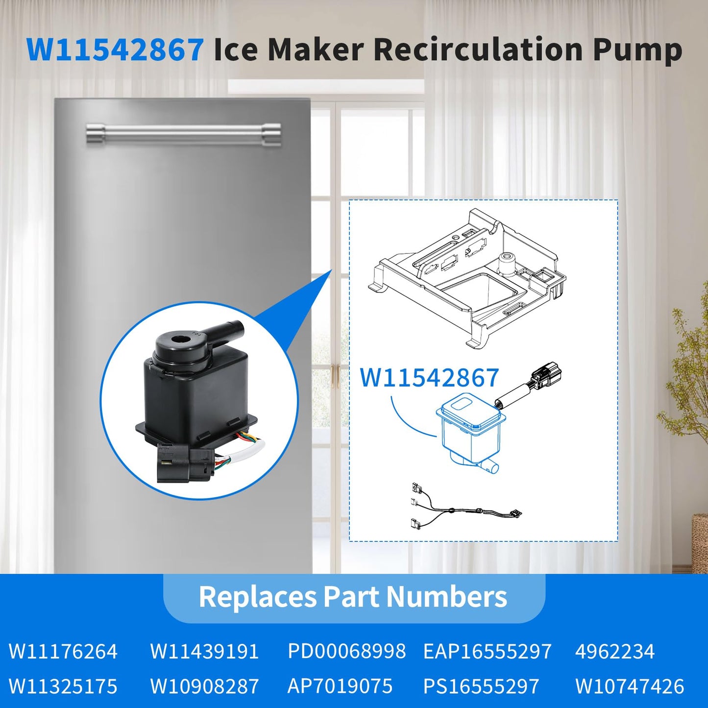 W11542867 Ice Maker Recirculation Pump Compatible with KitchenAid Whirlpool KUIX535HPS00 KUIX505ESS1 KUID308HPS01, Ice Maker Circulation Pump Replacement Part W11176264 W11325175 W10747426 W11439191