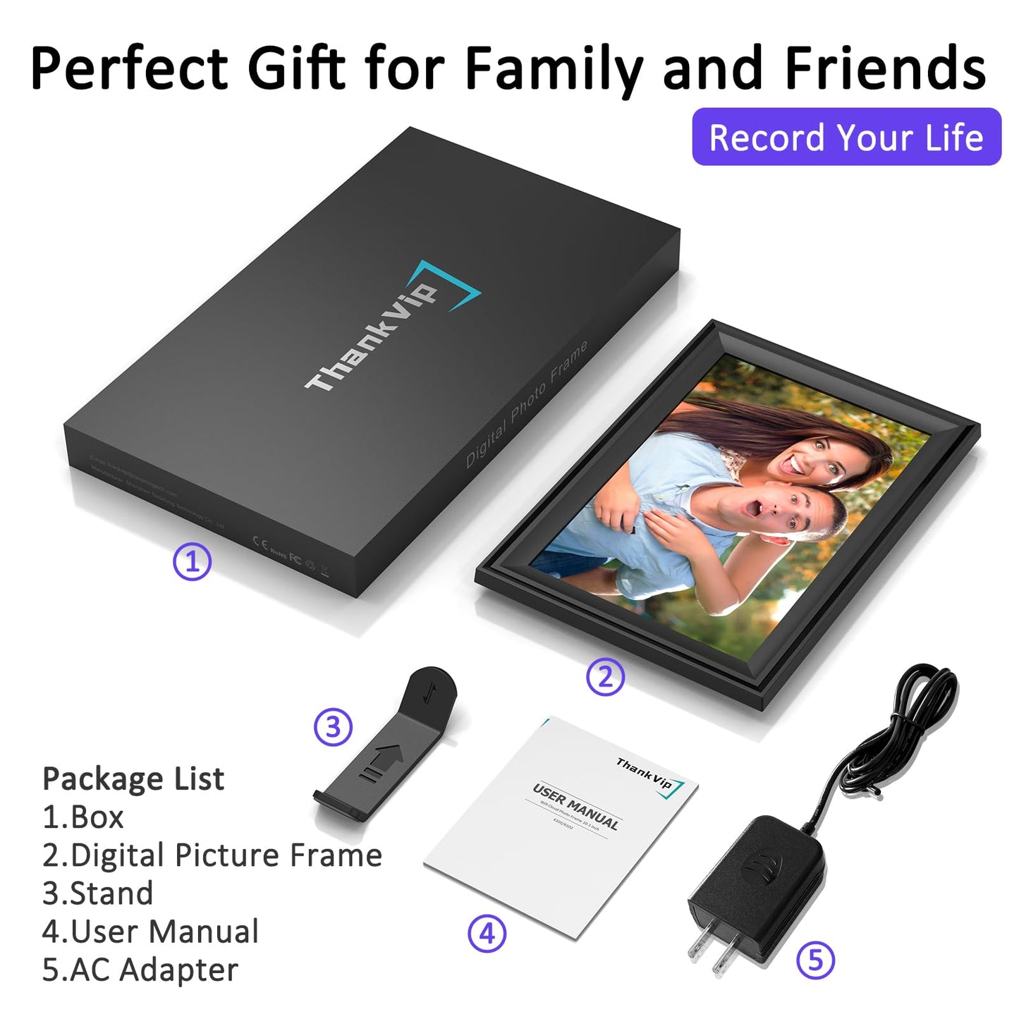 ThankVip Digital Picture Frame 10.1 Inch WiFi Photo Frame Electronic, IPS HD Display Touch Screen,16GB Storage, Slideshow, Wall Mountable, Auto-Rotate, Share Photos and Video via Uhale App
