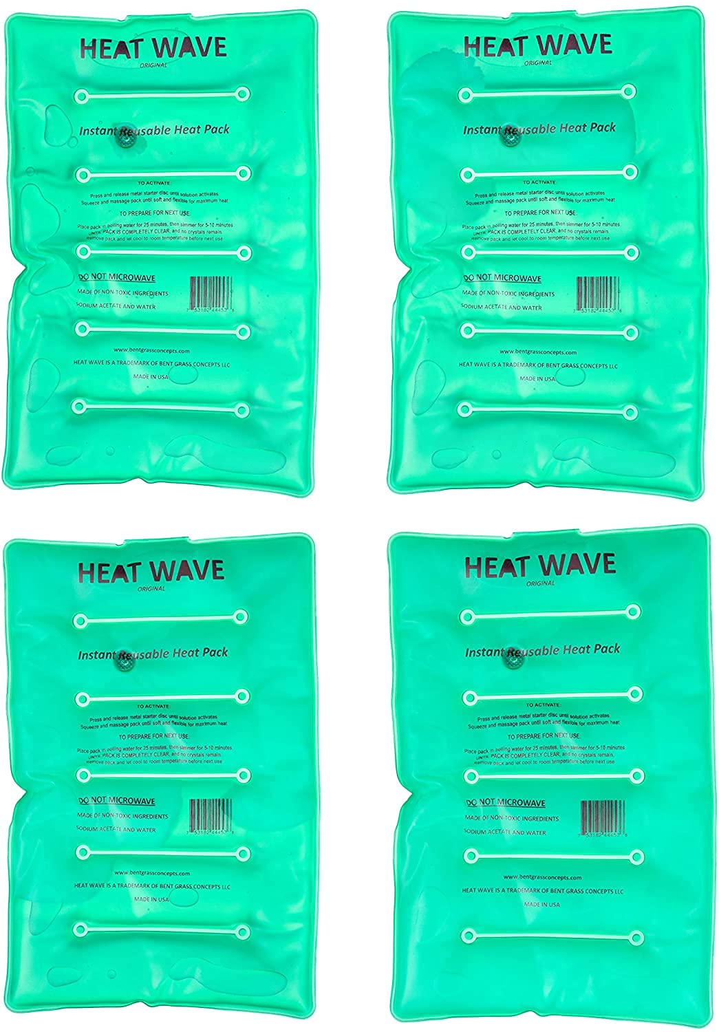 HEAT WAVE Instant Reusable Heat Pack- Medical Grade (8x12) Stiff & Sore Muscles,Pain Relief, Hiking and Camping Warmth Made in USA Large Clear 2-Pack
