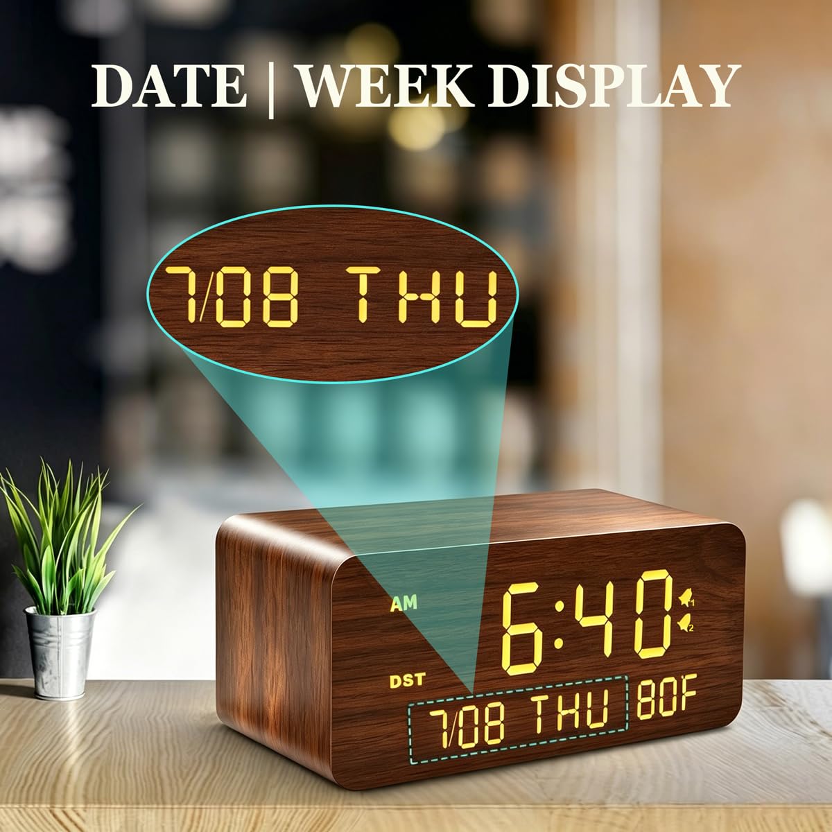 Andoolex Wooden Digital Alarm Clock with Wireless Charging, 0-100% Adjustable Brightness Dimmer and Alarm Volume, Weekday/Weekend Mode, Dual Alarm, Snooze, 12/24H, Wood LED Clock for Bedroom (Brown)