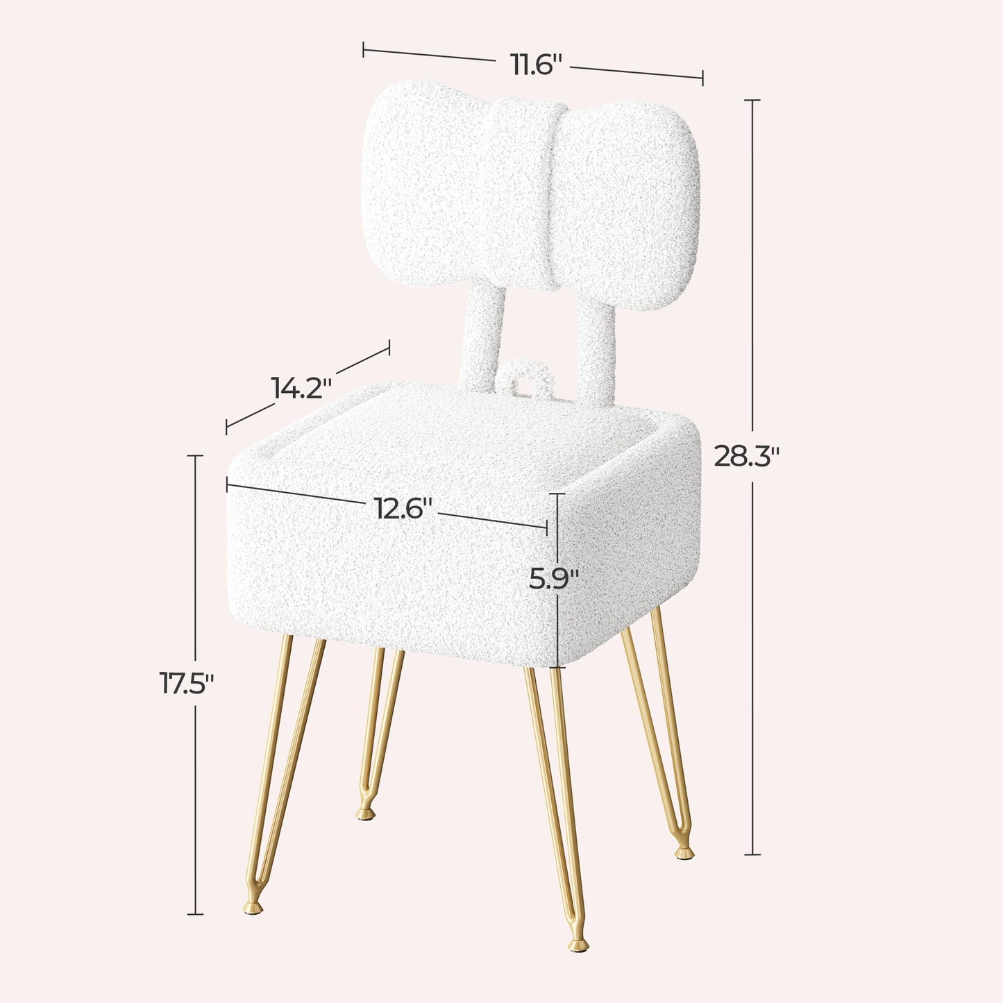 GLANZALANT Small Vanity Chair with Storage and Folding Back, 14.2" D x 12.6" W x 28.3" H Soft Storage Ottoman, Footrest Stool, Teddy Fleece Vanity Stool for Makeup, Bedroom, Living Room, White