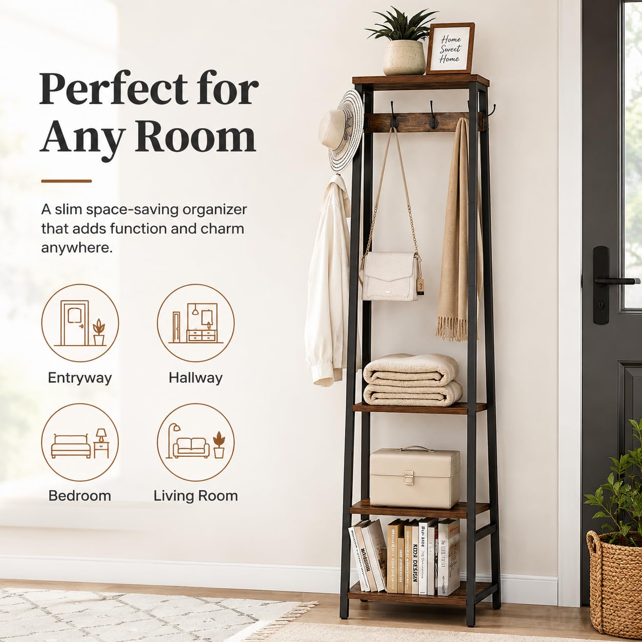 Cerlyunzan Coat Rack Freestanding, Coat Stand with 3 Shelves and 7 Hooks, Hall Tree Free Standing, Clothes Rack Stand Organizer, Industrial Style, Rustic Brown and Black