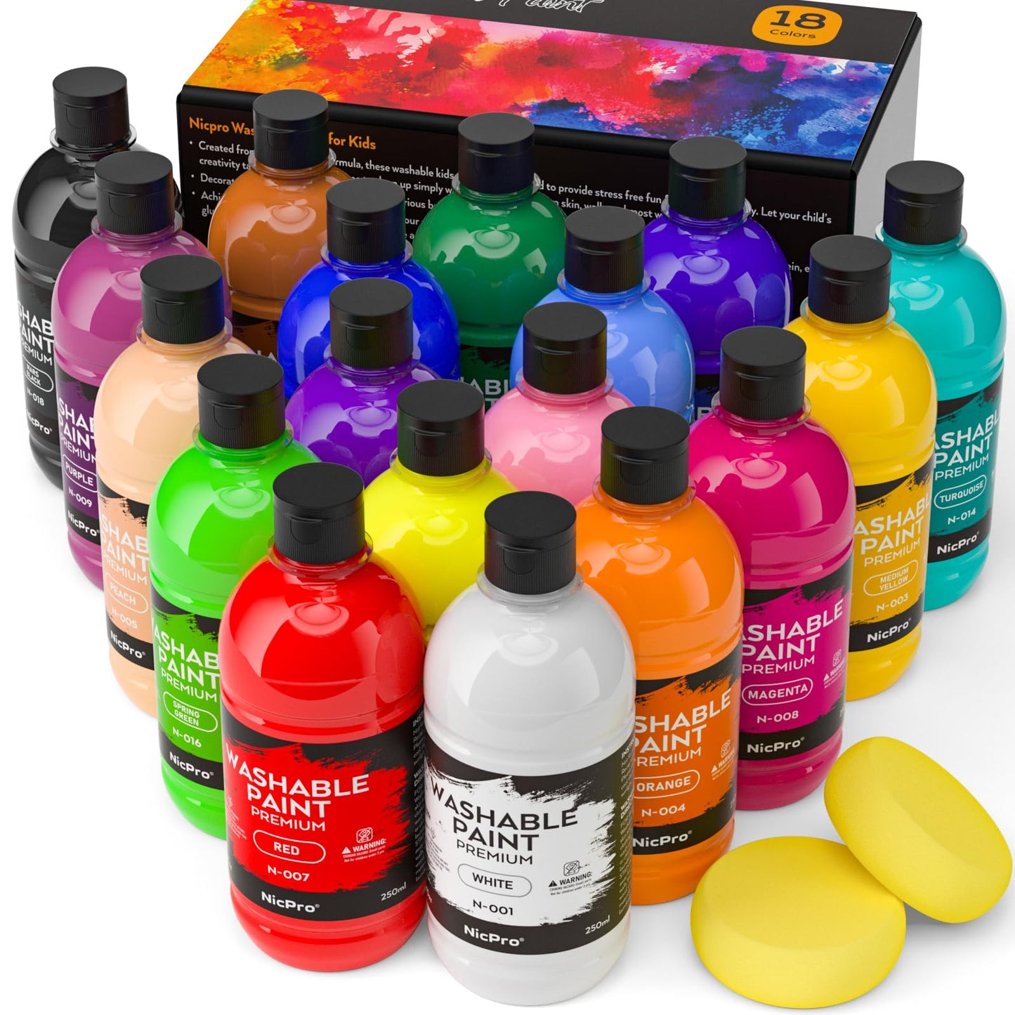 Nicpro 18 Colors Large Washable Paint Set for Kid (8.4oz,250 ml), Acrylic Bulk Paint Supplies Non Toxic Children Tempera Paint for Art, DIY Craft Supplies, Poster & Finger Paint, School, Home,Classroom, Party