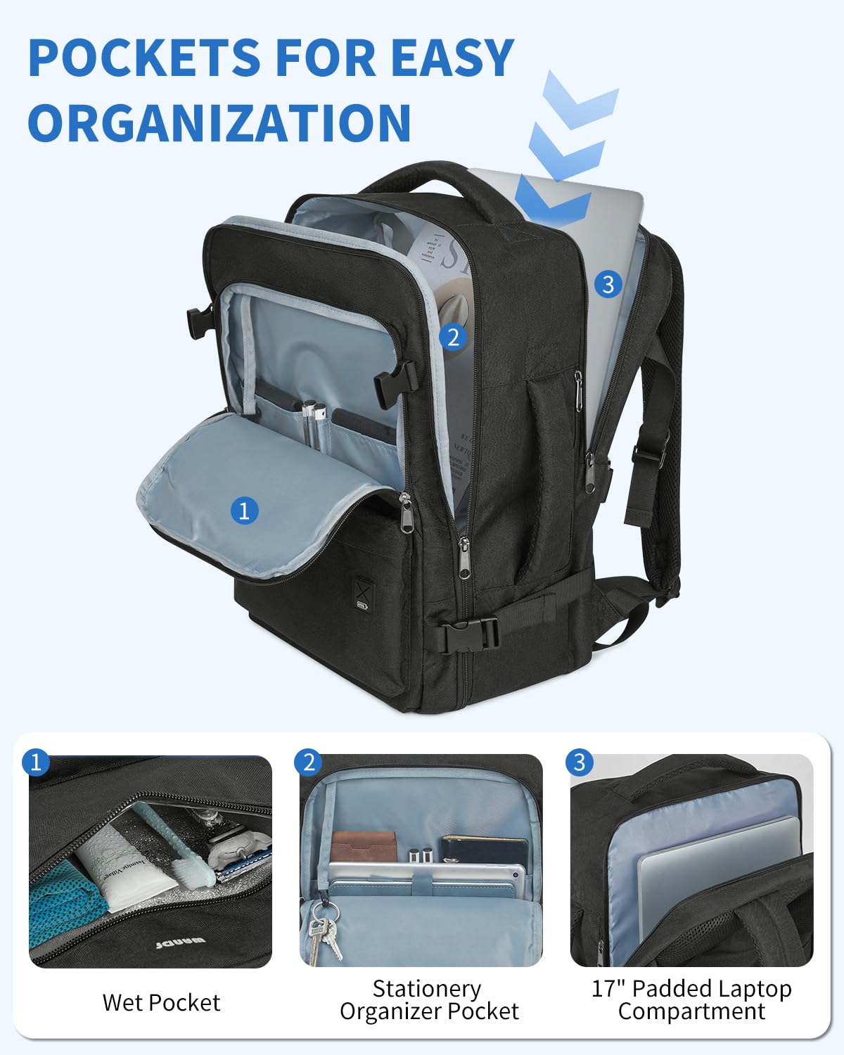 WANDF Travel Backpack For Spirit Airlines Personal Item Bag 18x14x8 with Wet Pocket, 17 Inch Laptop Backpack for Men Women（Black）