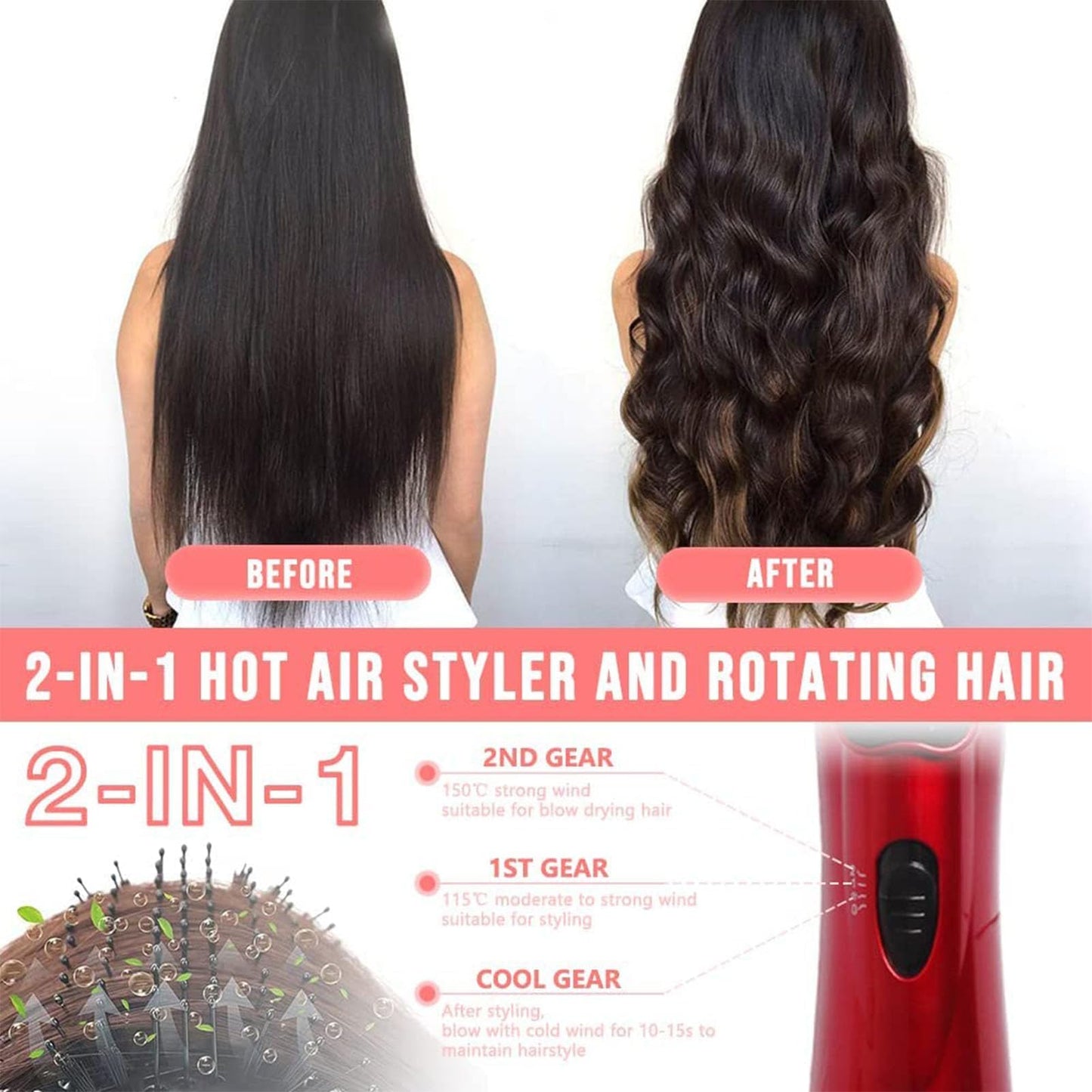 3-in-1 Hot Air Styler and Rotating Hair Dryer, Spin Hair Dryer Brush with 2 Interchangeable Brush, Anti-frizz Hot Air Spin Brush Set for Straightening, Drying, and Curling (Red)