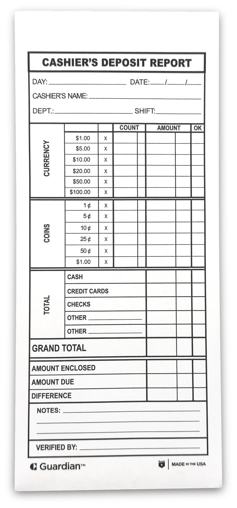 Guardian Cashier Deposit Report Envelopes Self Seal, Pack of 500 Cash Drop Envelopes – Cash Register for Small Businesses – Cashier Register for Retailers & Restaurants – White Envelope (White, 500)