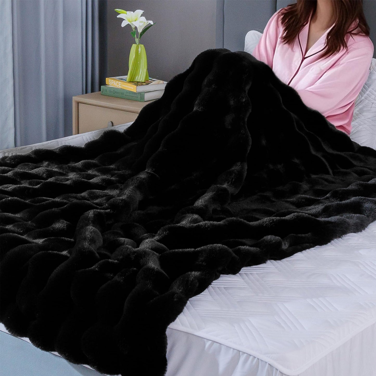 BlanketSolution Fluffy Furry Black Faux Fur Throw Blanket for Couch Bed 50x60 Fuzzy Bubble Soft Blanket for Adults Gift Home Living Room Decorative Decor 860 GSM