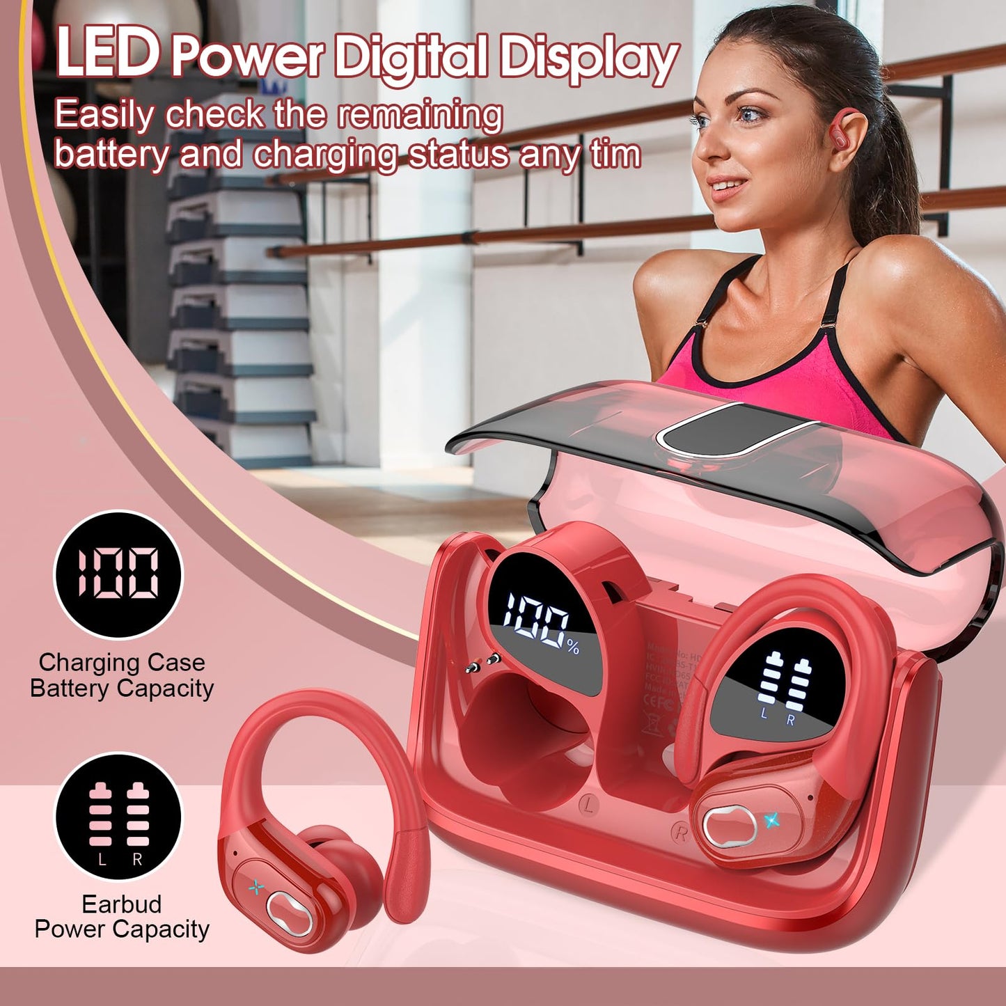 Aptkdoe Wireless Earbuds 75hrs Bluetooth 5.4 Headphone Sport, 2025 Bluetooth Earbuds Stereo Deep Bass Over Ear Bud with Earhooks, ENC Noise Cancelling Mic, IPX7 Waterproof Earphone, Red