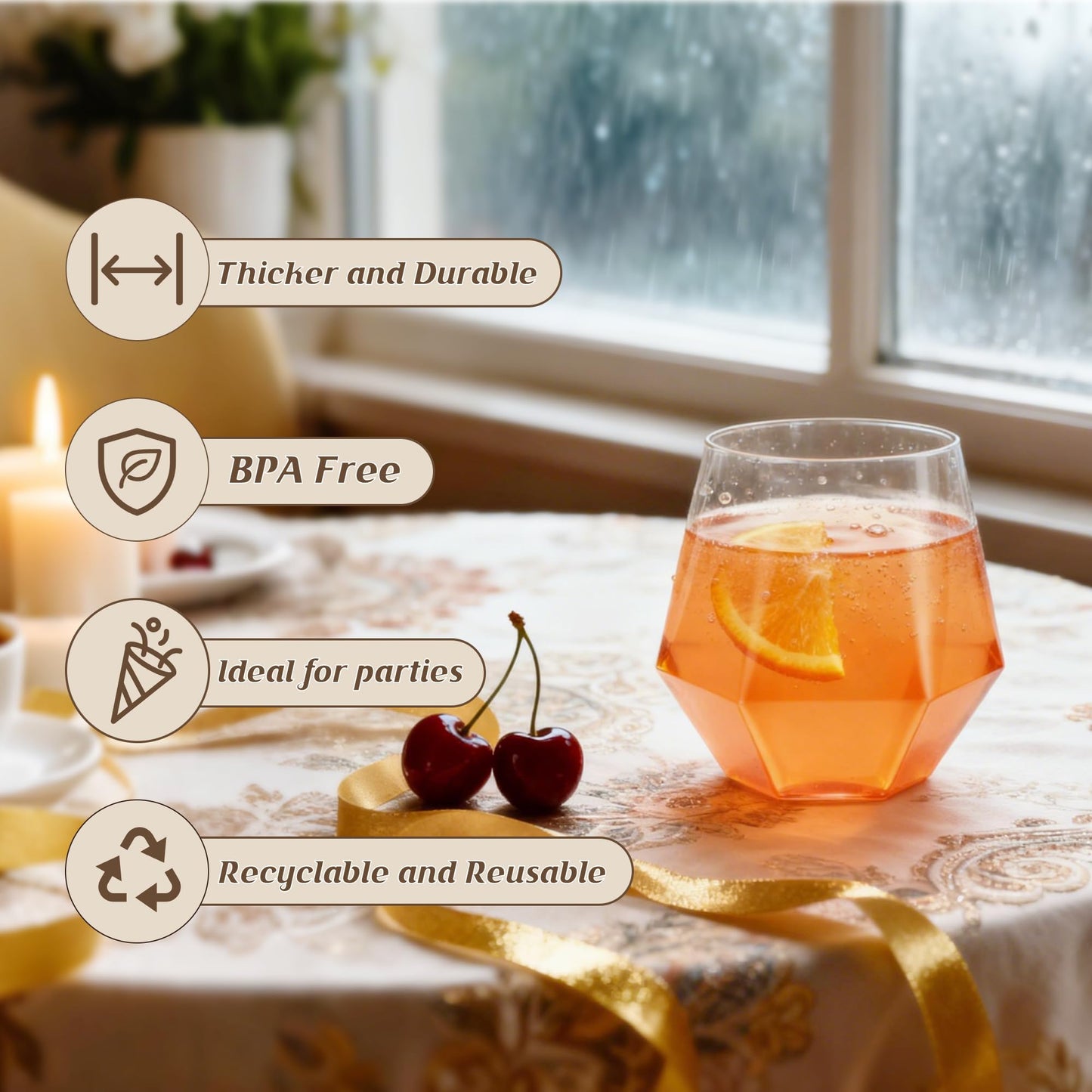 40 Pack 12oz Diamond Plastic Wine Glasses, Disposable Stemless Wine Cups - Shatterproof, Unbreakable & BPA-Free, Recyclable Drinkware for Wedding Reception, Birthday Party, New Year, Holidays & Events