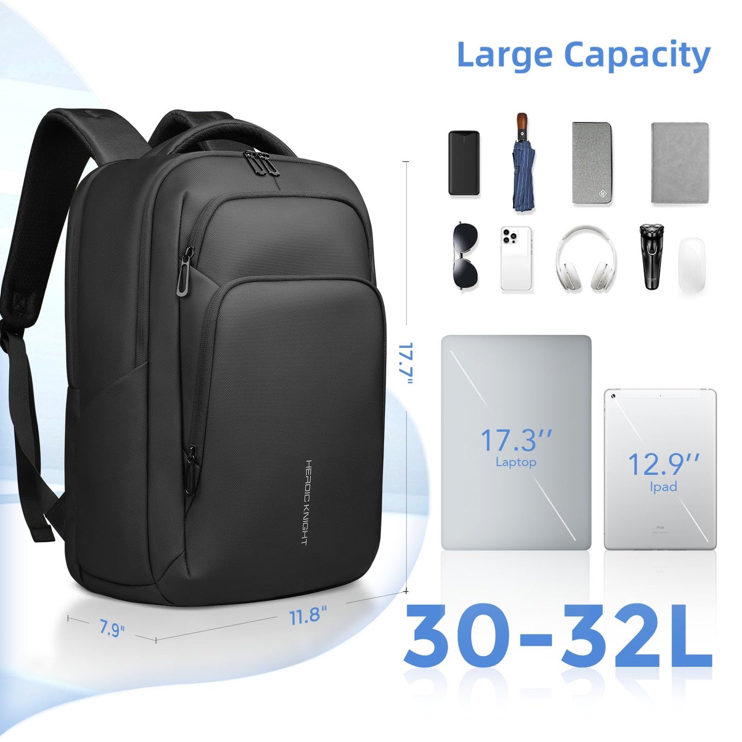 17.3 Inch Laptop Backpack for Men Women, 30L Travel Backpack Carry-On Flight Approved,Work Computer Backpack with USB A&C Port, Business Laptop Bag, Water-Resistant Anti-Theft Daypack - Black