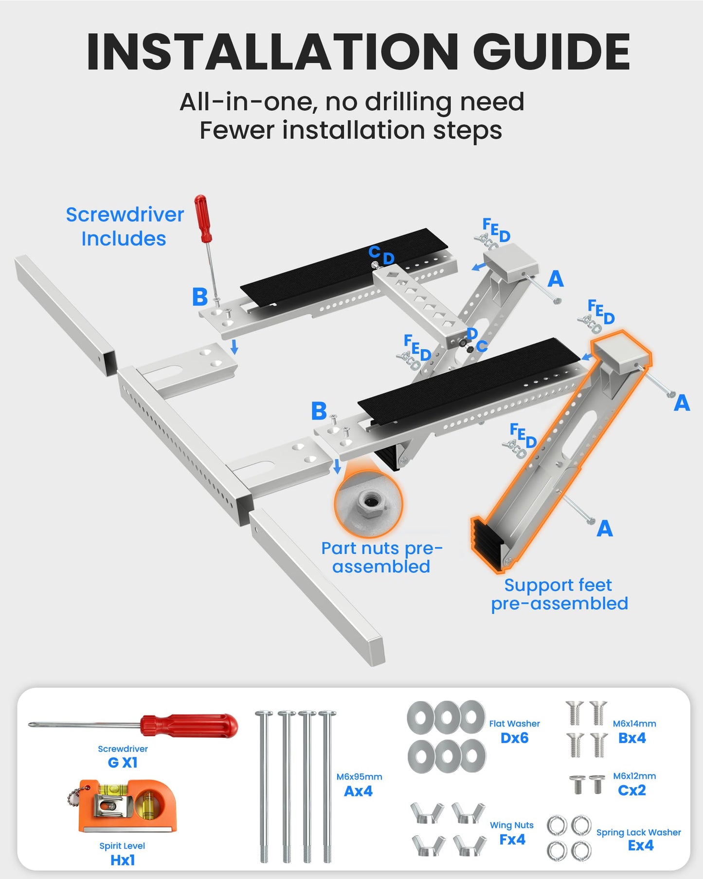 Toutgood Window AC Bracket No Drilling, Heavy Duty Drilless Window Air Conditioner Support Brackets with 2 Arms, A/C Holder for 5000 Btu to 24000 Btu Outdoor AC Window Units, Max 350 Lb Capacity