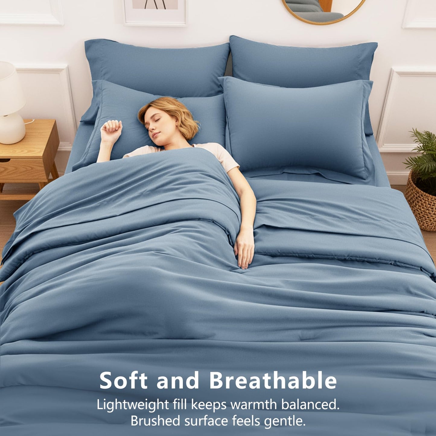 HIMEET Queen Size Comforter Sets - 7 Pieces Bed in a Bag Queen, Luxury Comforter Set with Sheets for All Season, Bed Set with Comforter, Flat Sheet, Fitted Sheet, Pillowcases & Shams, Grayish Blue