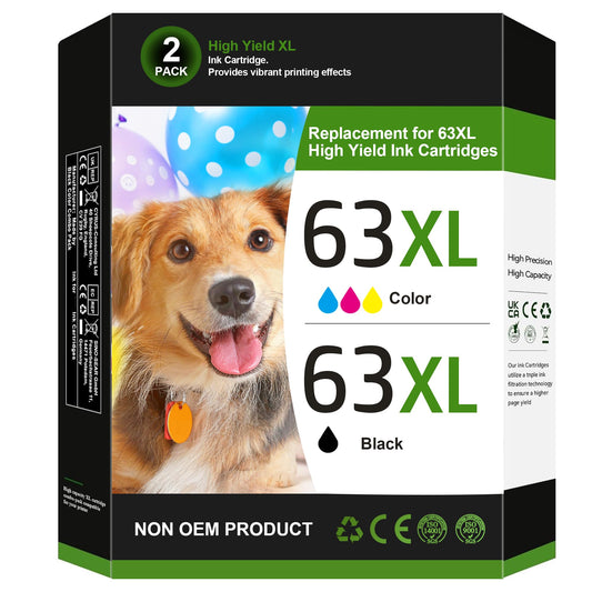 63XL Ink Cartridges Black and Color Replacement for HP Ink 63 for HP 63XL Ink Cartridge Combo Pack Work for HP OfficeJet 3830 4650 5255 5258 5200; Envy 4520 4512 4510; DeskJet 1112 2130 3630 (2 Pack)