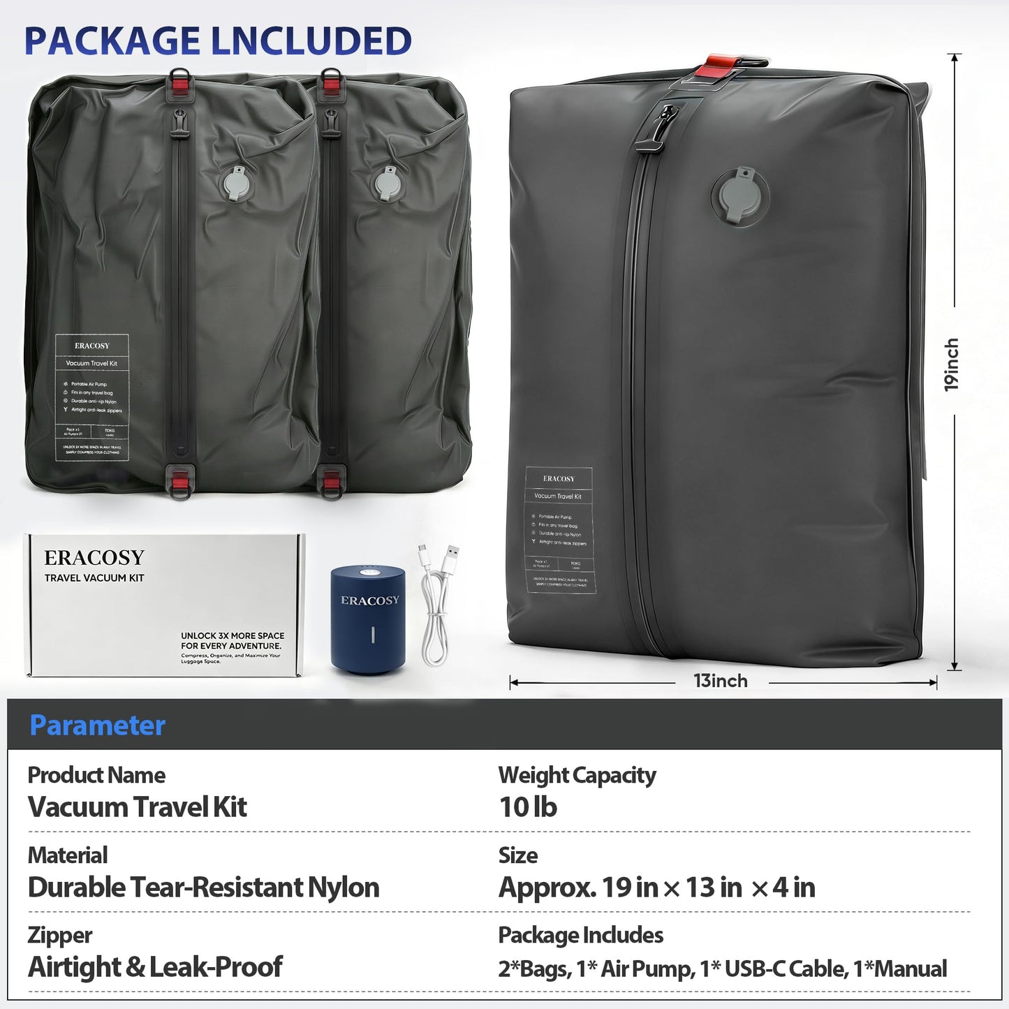 Travel Vacuum Bags with Pump, Compression Bags, Waterproof & Reusable Nylon Vacuum Travel Kit, Portable Space Saver Storage Bags with Wireless Vacuum Pump for Carry-On Backpack & Suitcase, 2-Pack
