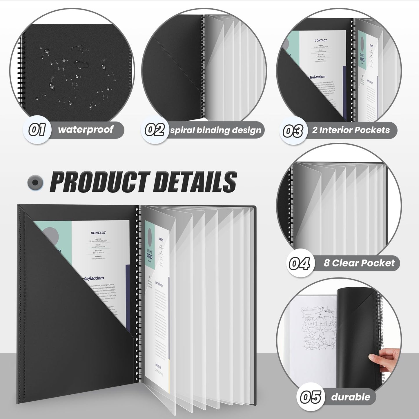 12 Pcs 10 Pocket Folder Bulk Plastic Spiral Project Organizer for Documents Papers Homework Portfolio Folder Binder with Plastic Sleeves School Office Supplies (Black)